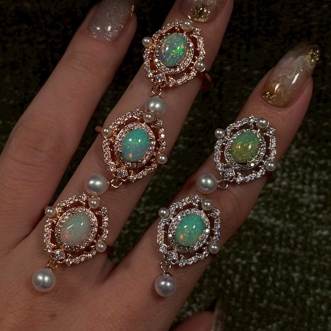 白歐泊與淡水珍珠戒指