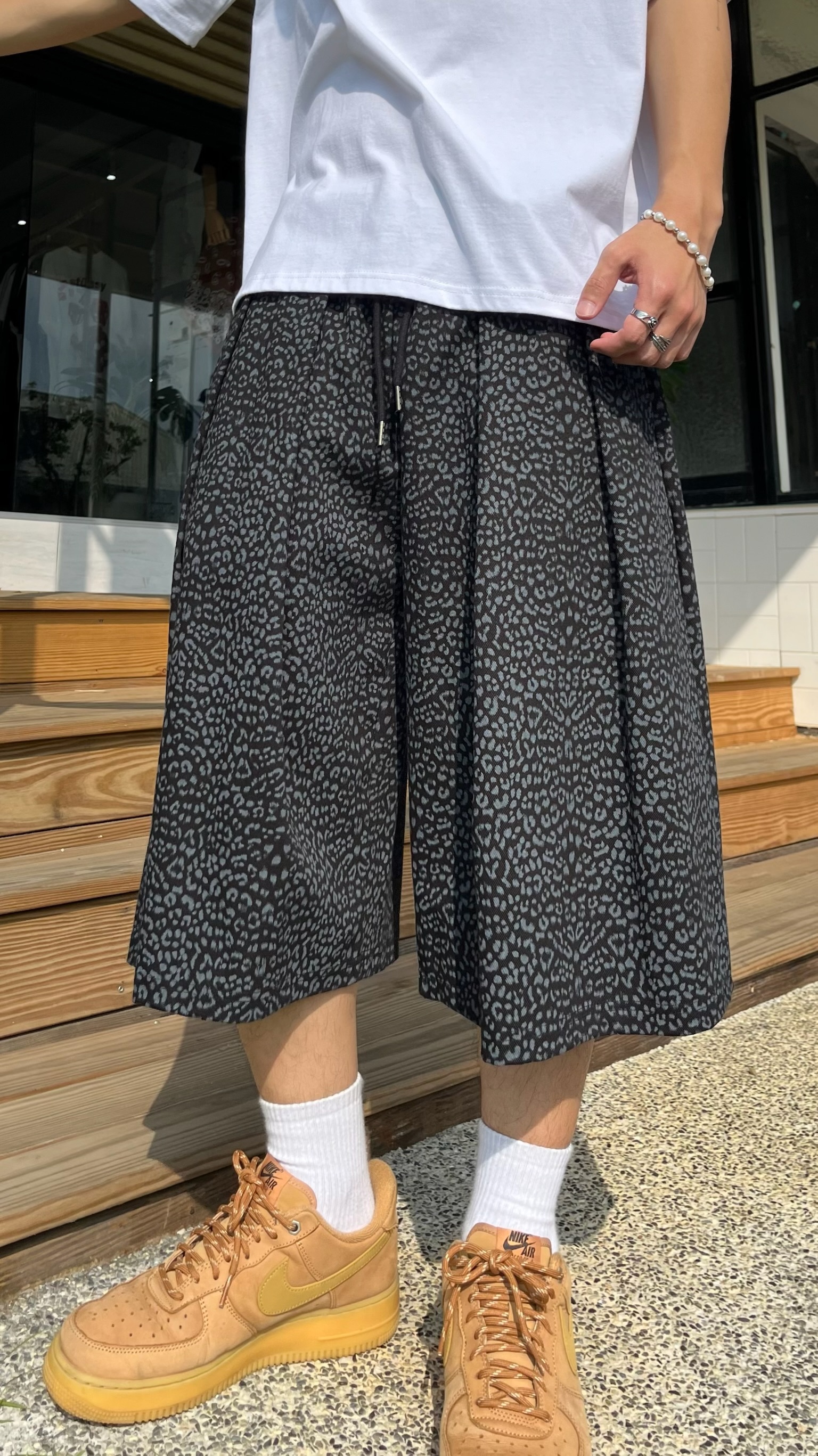 正韓 豹紋褶皺七分褲 (2colors)