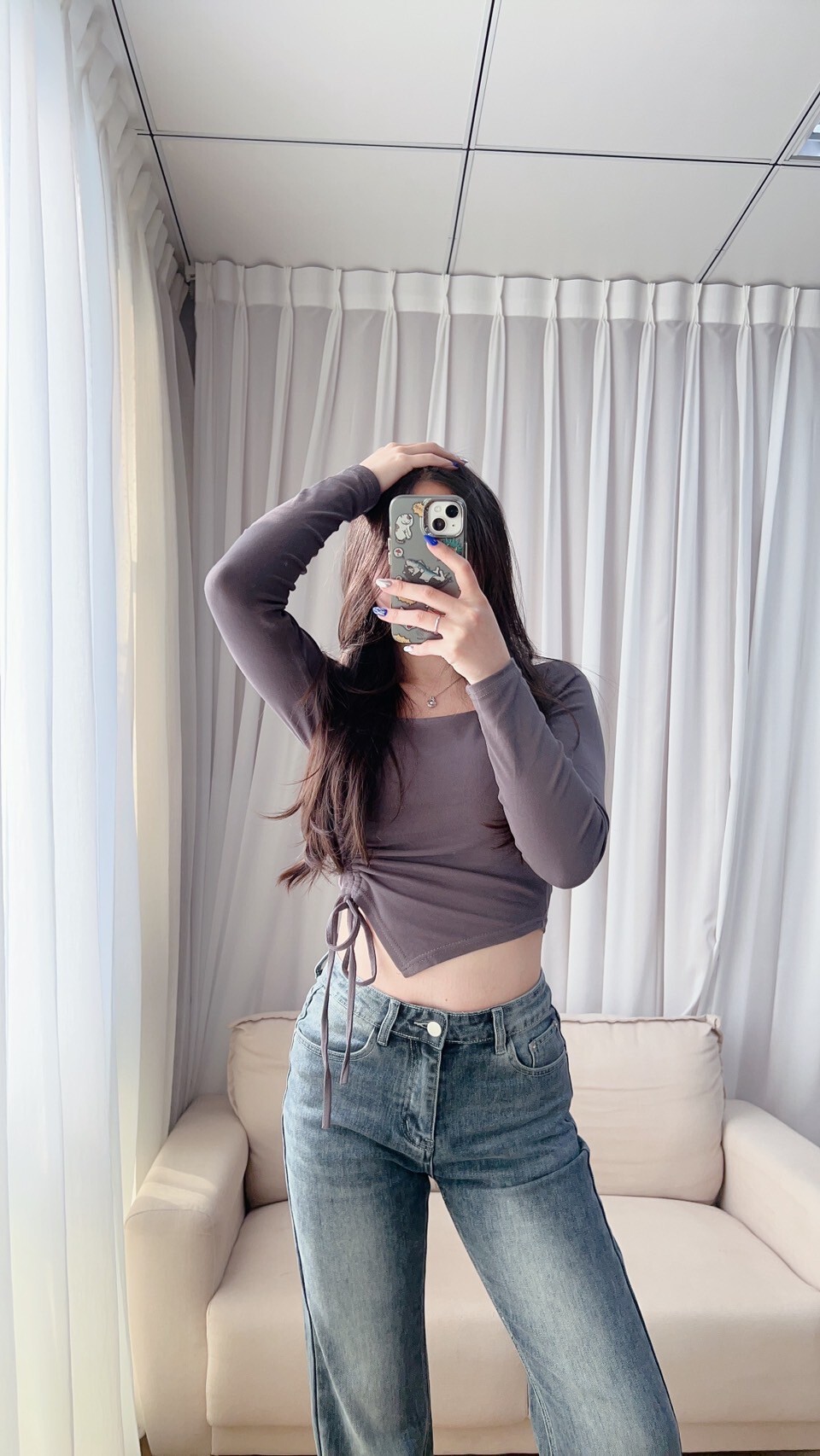 大圓領下抽繩長袖衣