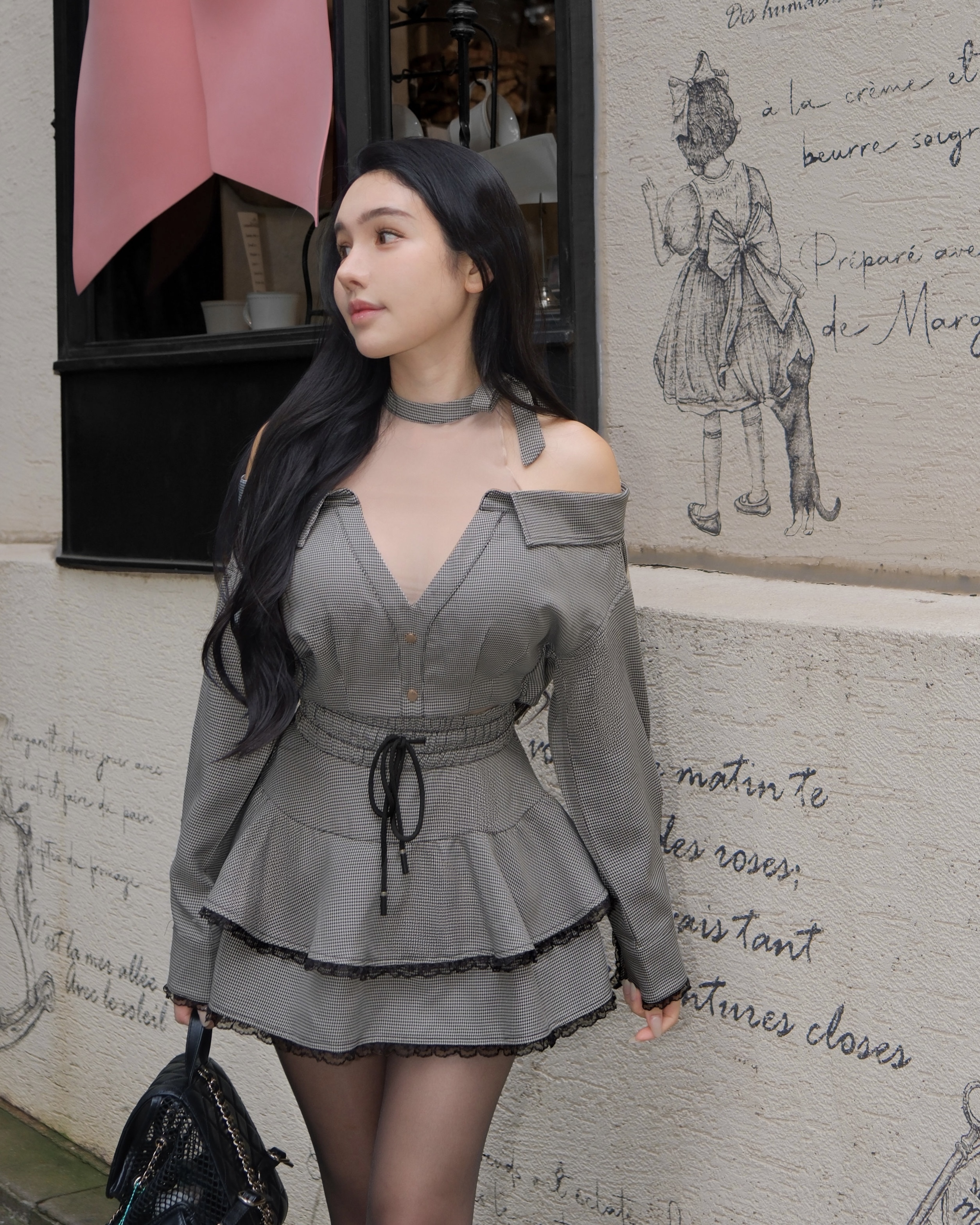 訂製-甜美千鳥格削肩網紗一字上衣