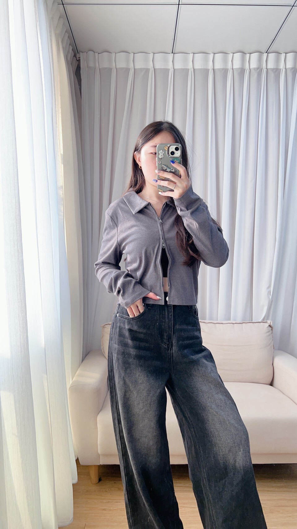 雙拉鍊翻領短版長袖