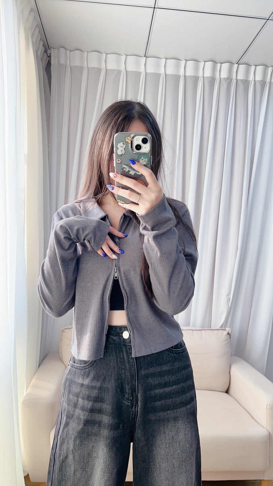 雙拉鍊翻領短版長袖