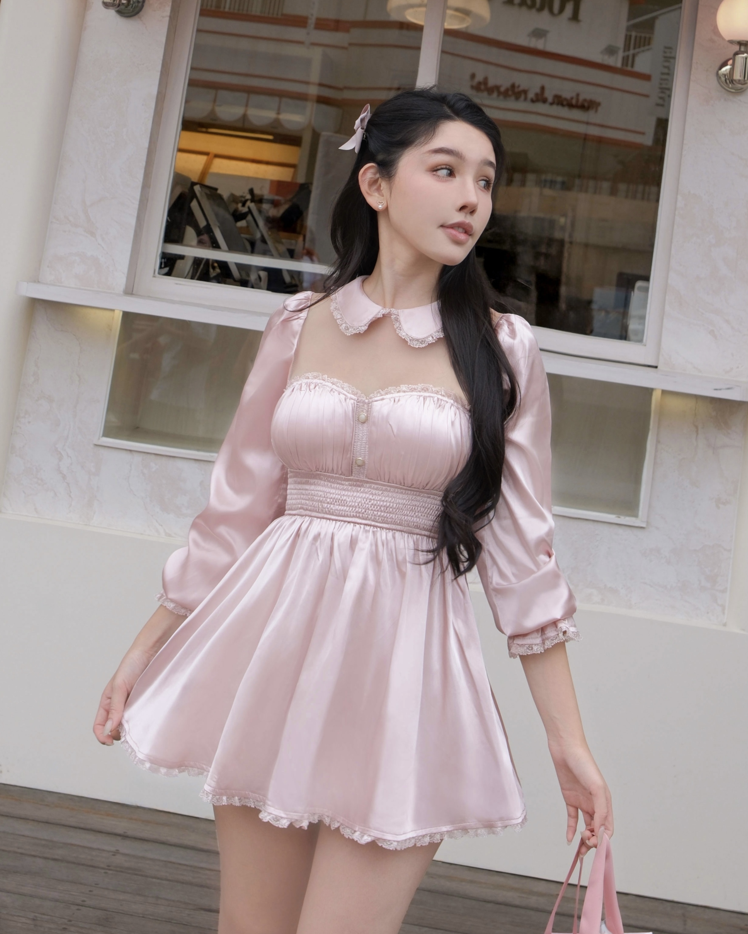 訂製-甜美柔光緞面抓皺短洋套裝