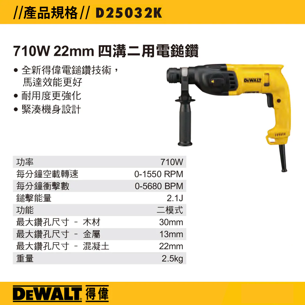 得偉 DEWALT 超強 馬達 四溝 二用 電鎚鑽 D25032K D25032
