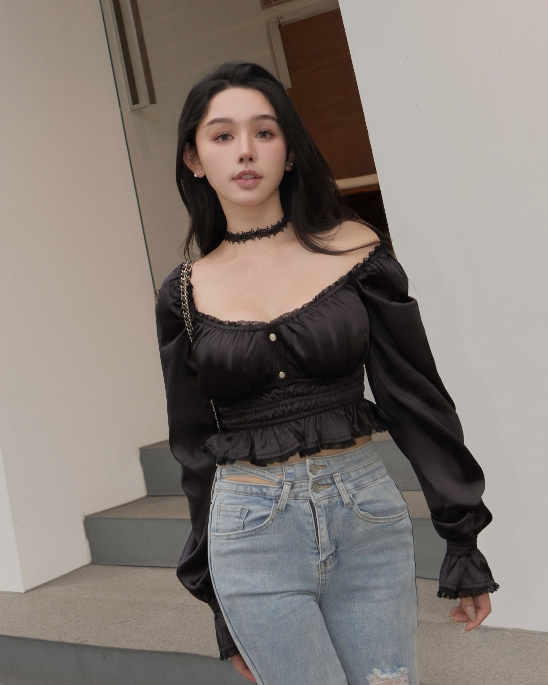 訂製-甜美柔光緞面抓皺長袖上衣