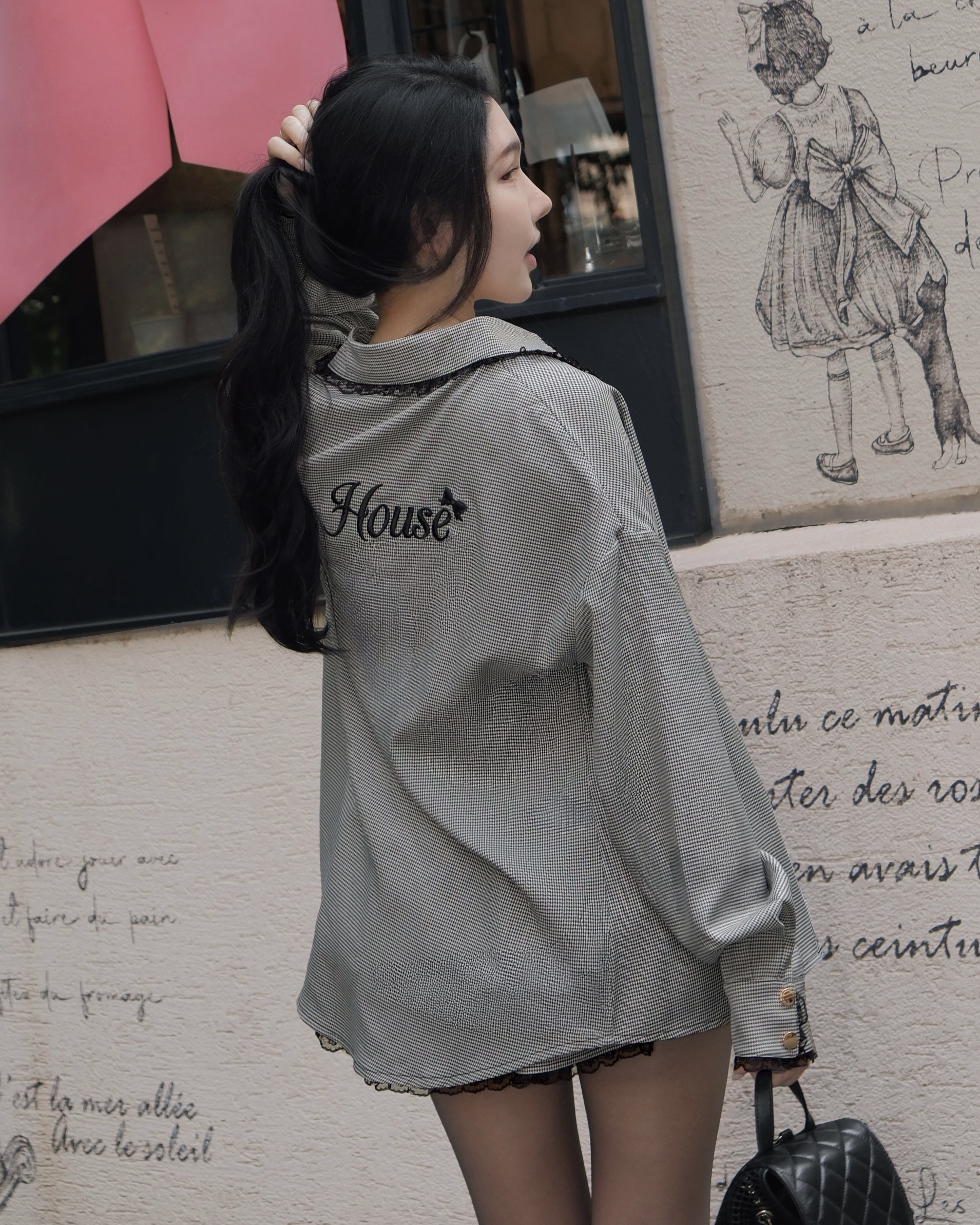 訂製-甜美千鳥格蕾絲口袋襯衫