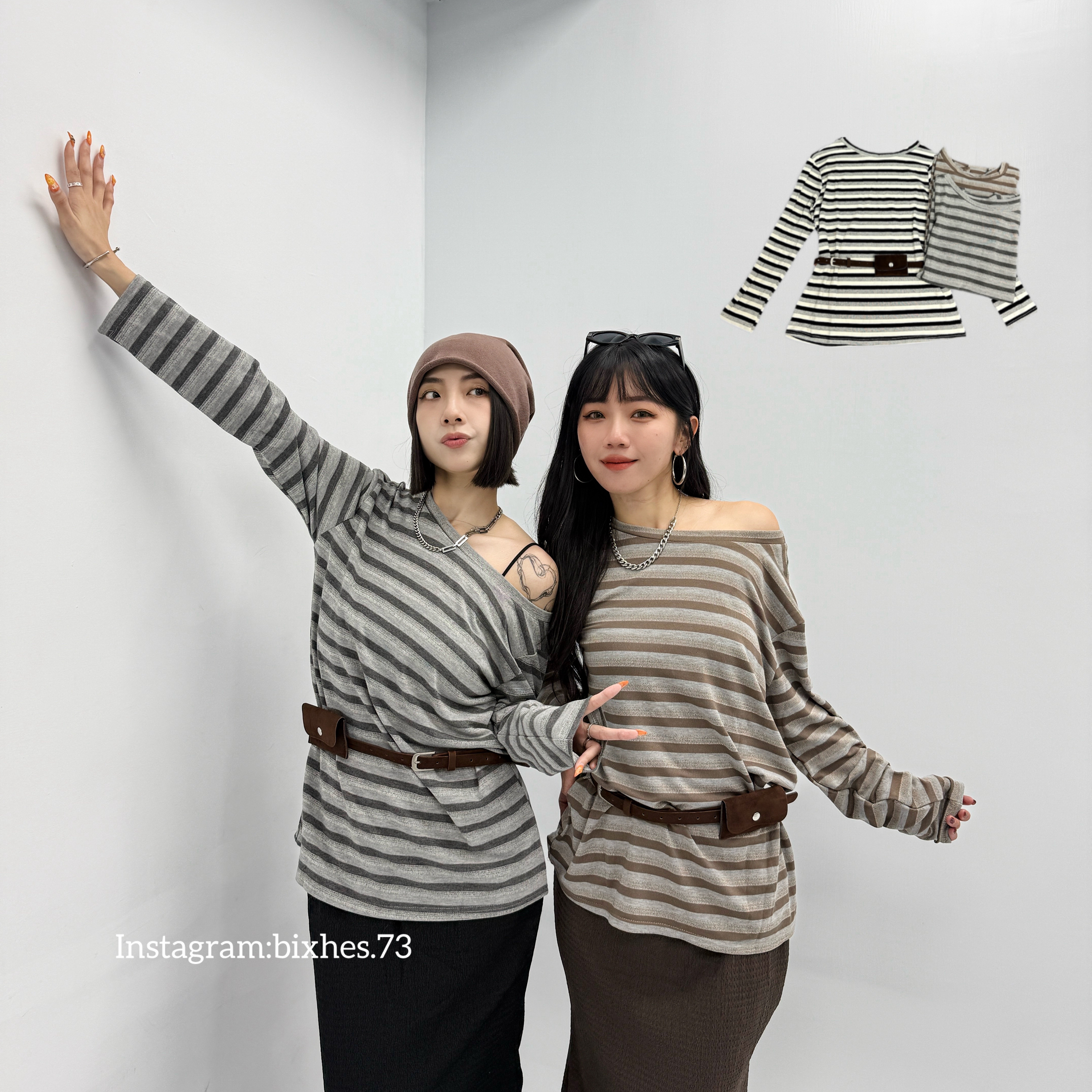 慵懶大圓領條紋斜肩長T(附皮帶B00019)