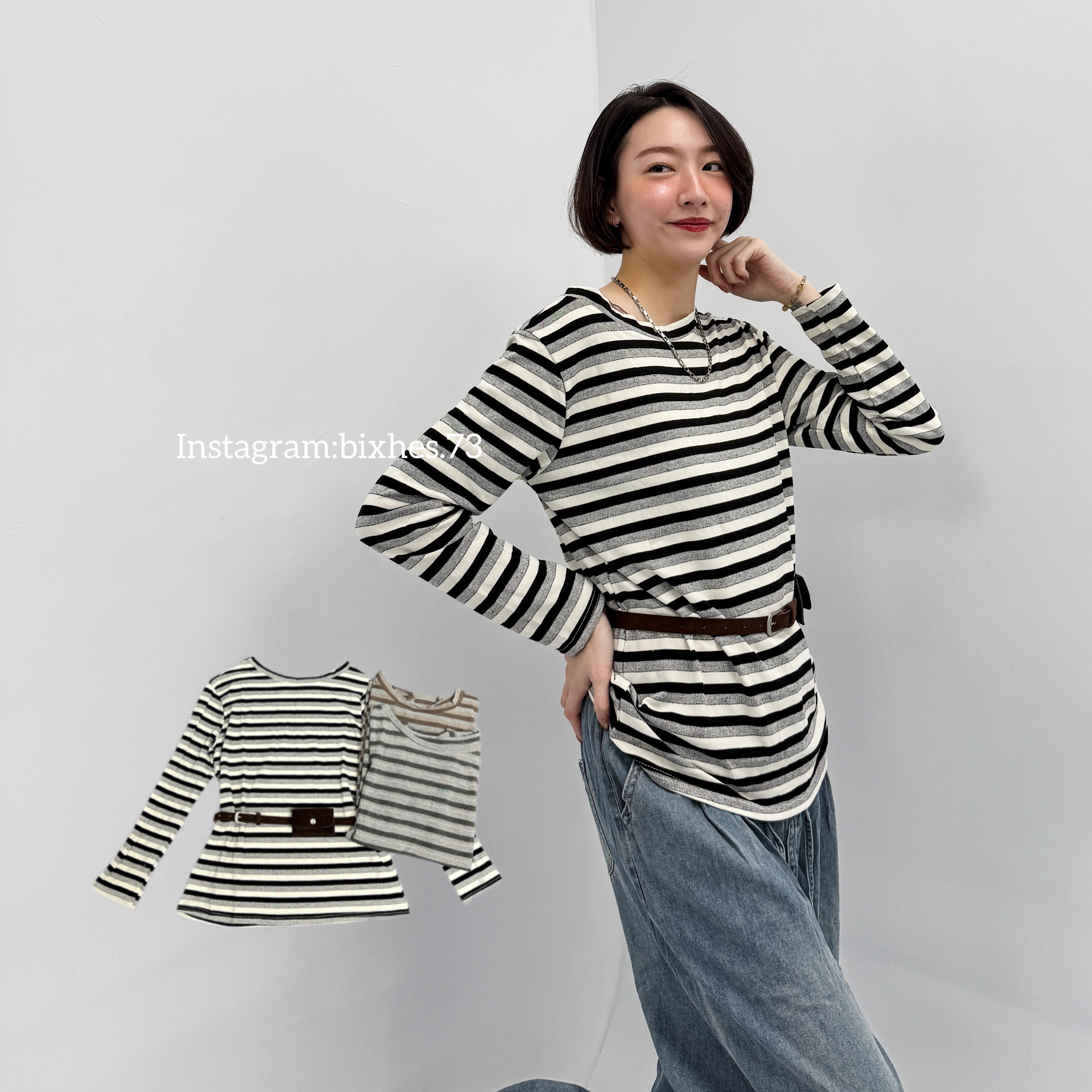 慵懶大圓領條紋斜肩長T(附皮帶B00019)