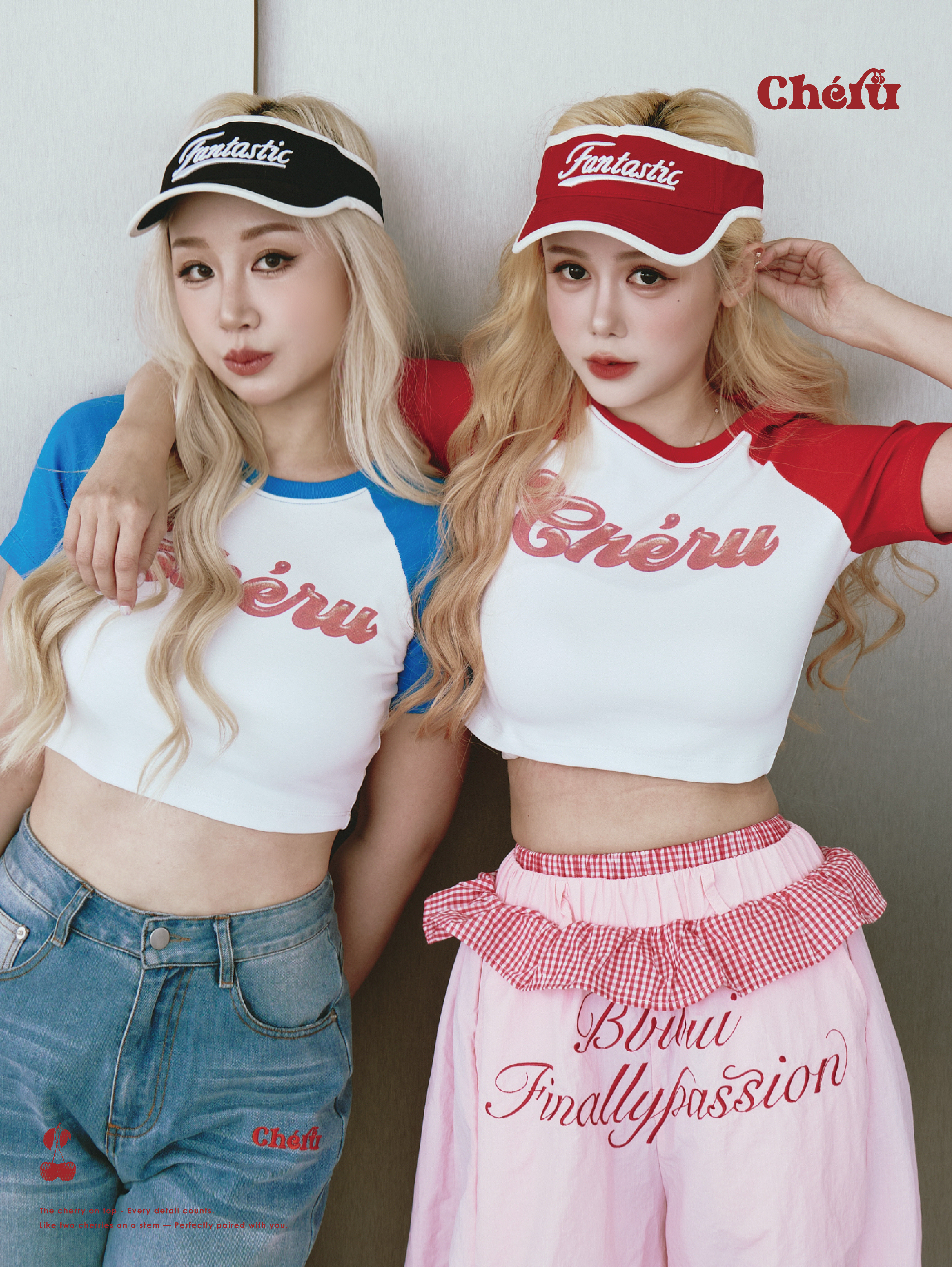 櫻桃 白藍拼接 短版棒球T