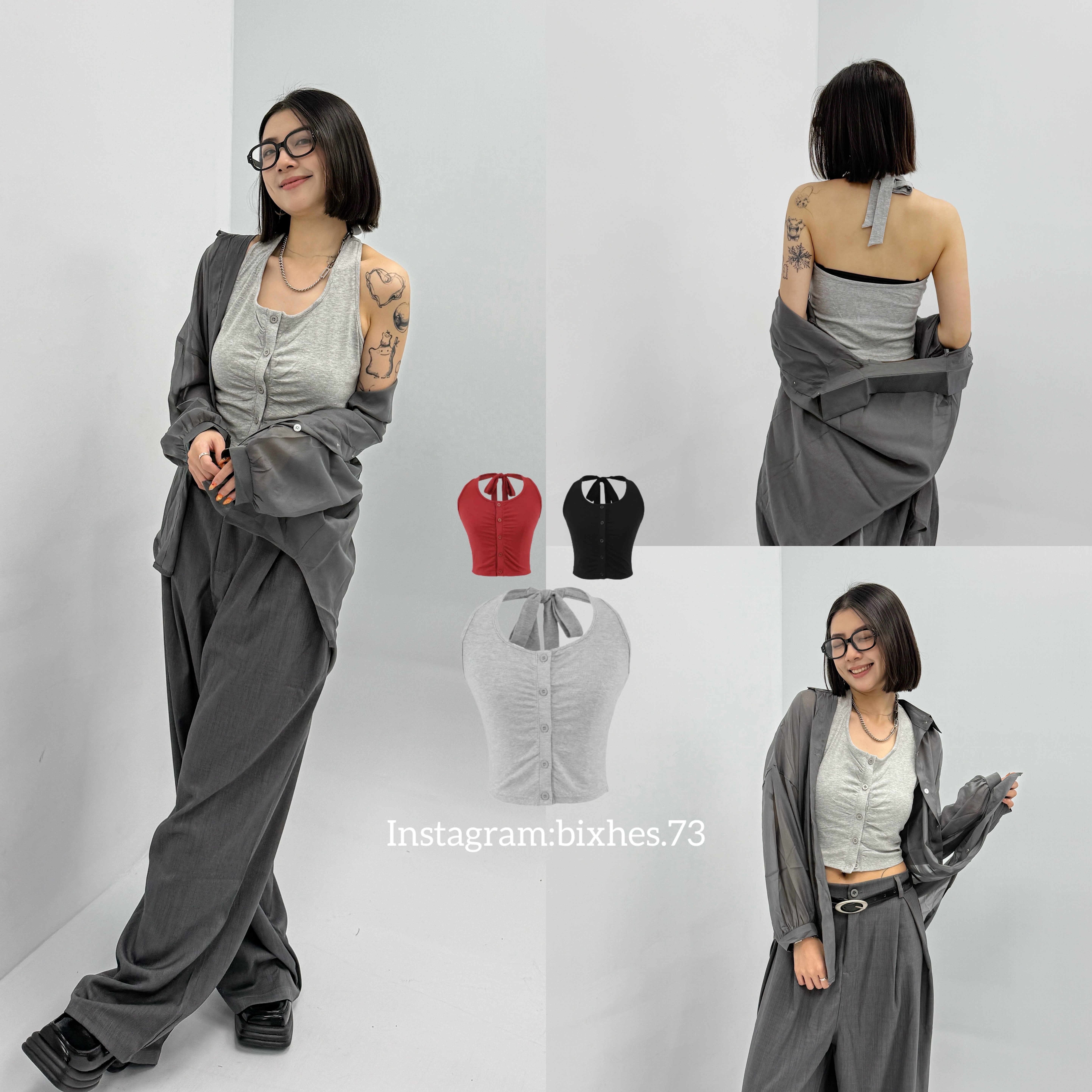 歐美排扣掛脖綁帶背心(C00013)