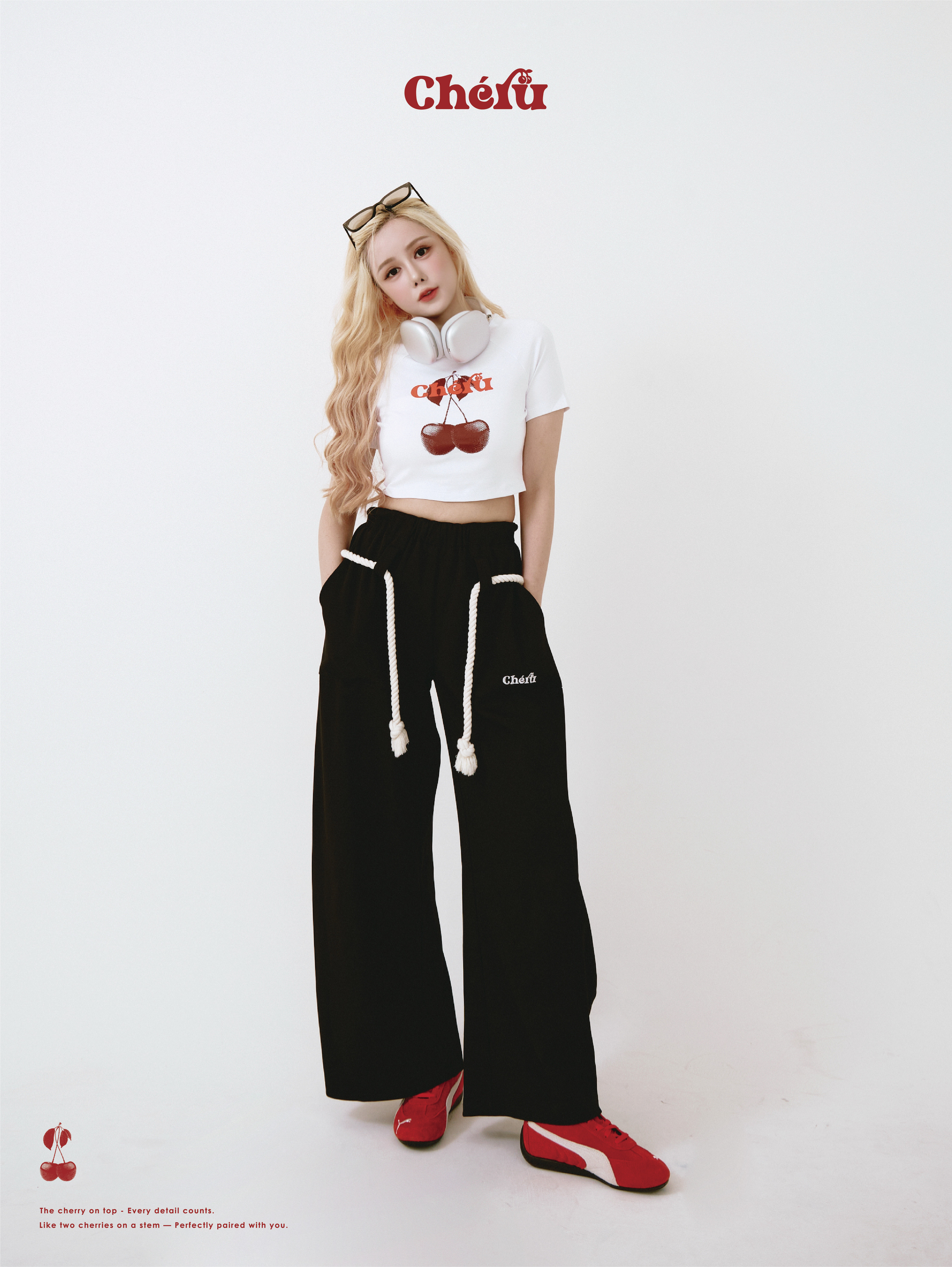 櫻桃 經典LOGO 特殊麻繩 黑色彎刀棉褲