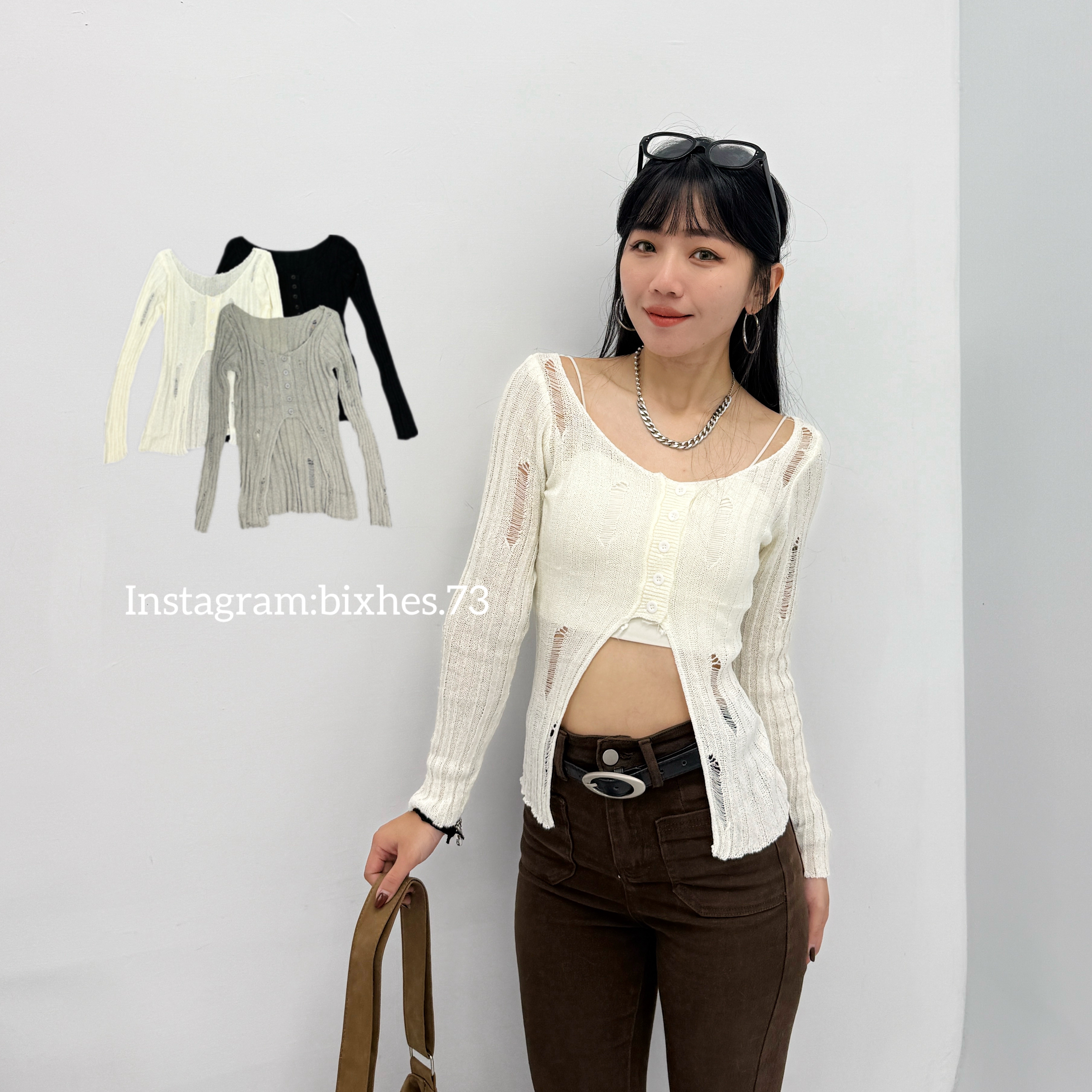 刷破開衩排扣針織長T(B00022)