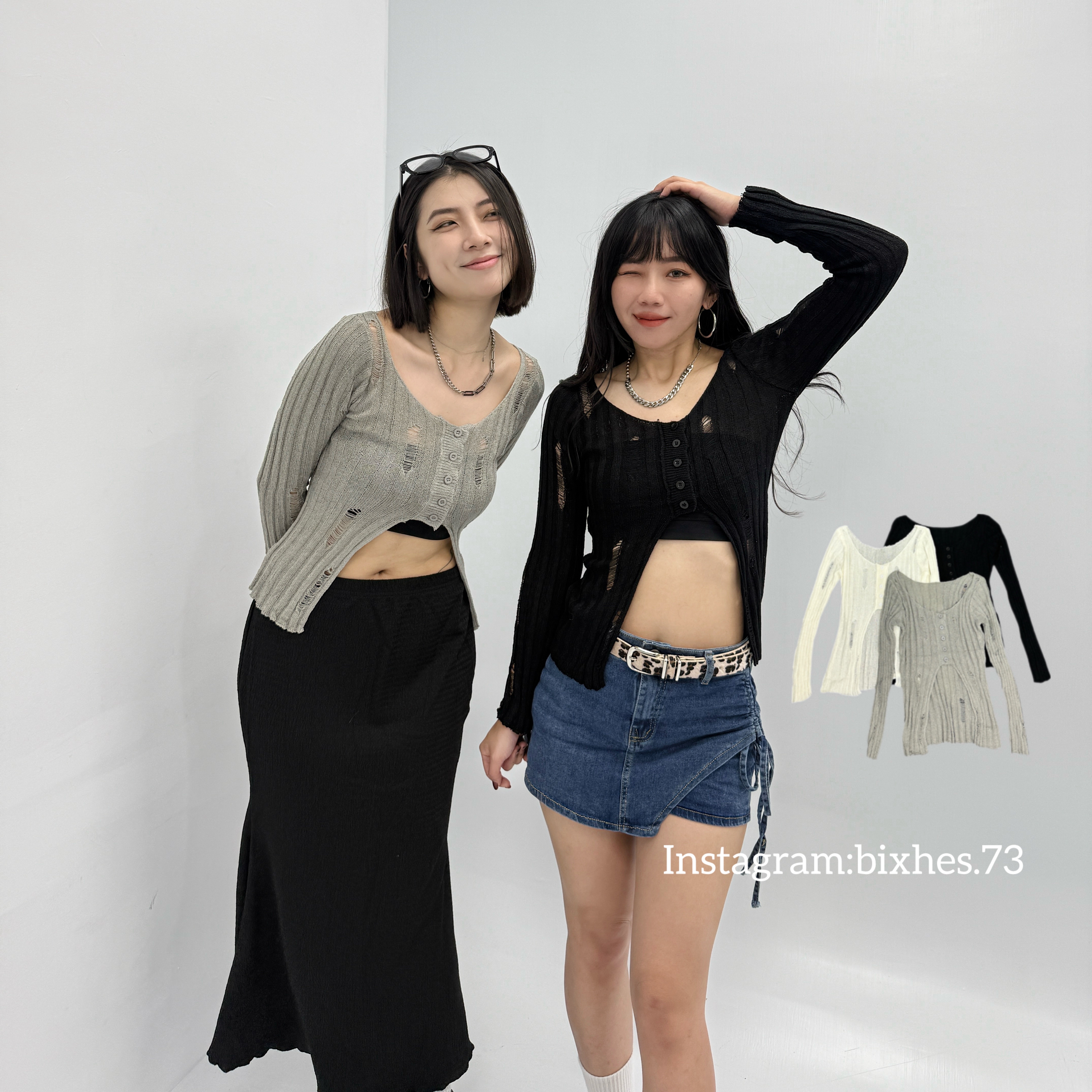 刷破開衩排扣針織長T(B00022)