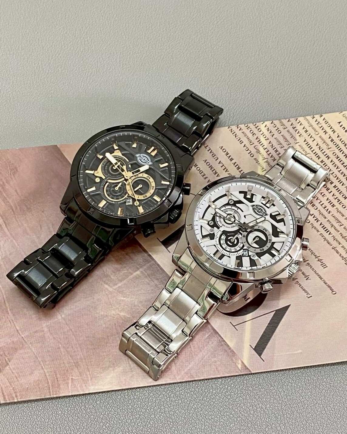 Dickies 鋼錶 三眼錶盤 手錶 石英機芯 防水 黑/銀