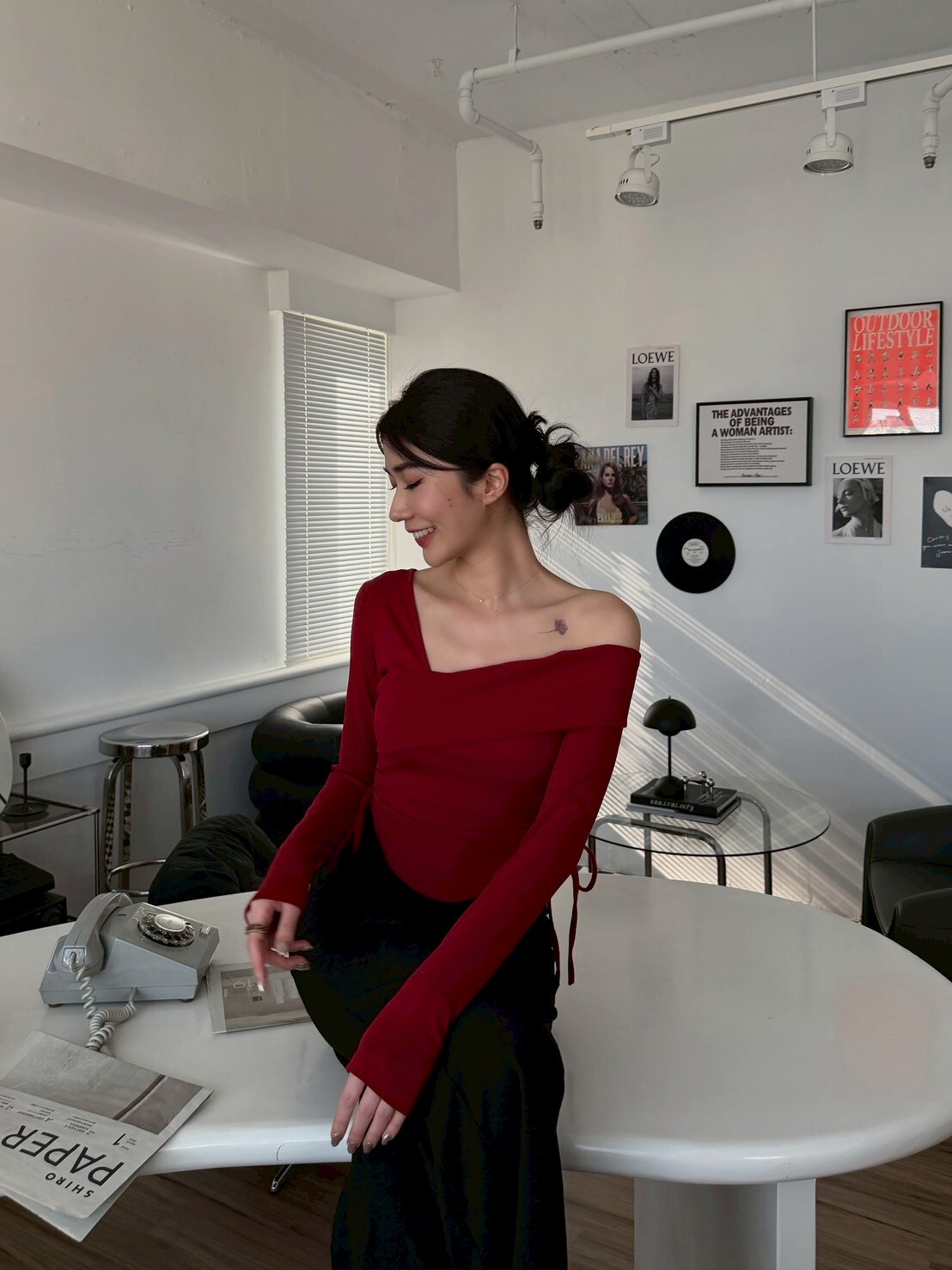 斜肩側綁帶長袖BRATOP