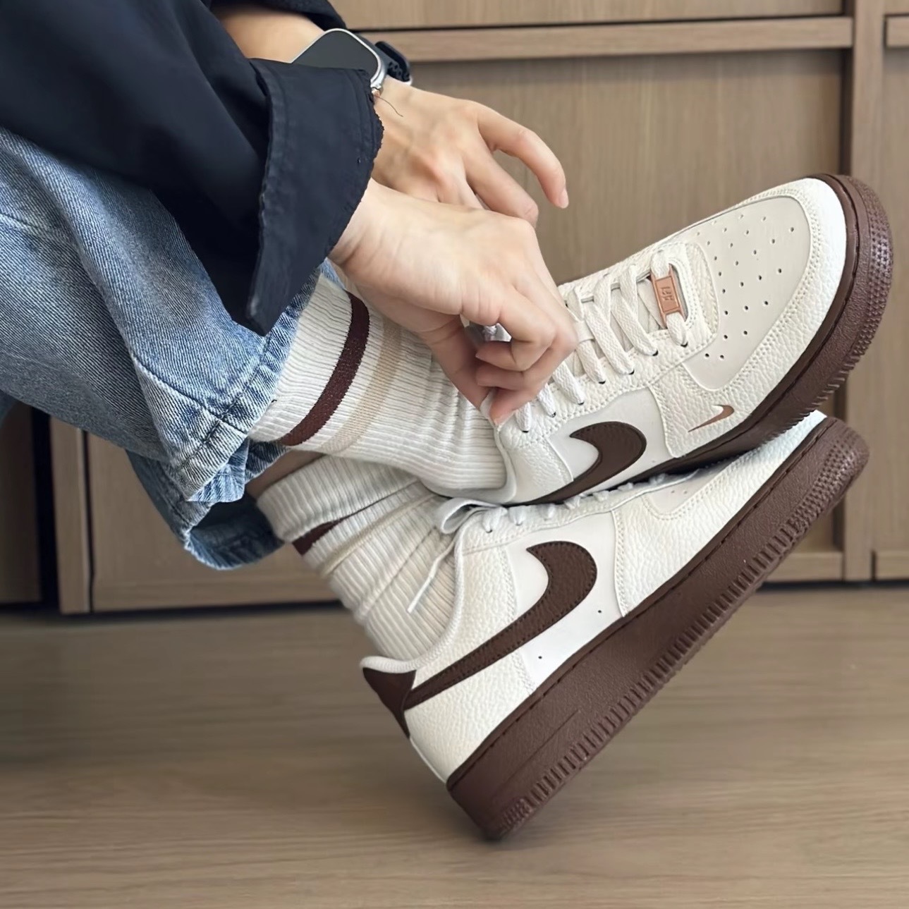 NIKE AIR FORCE 1 復古棕 美拉德 刺繡小勾 女鞋 IM3378-122