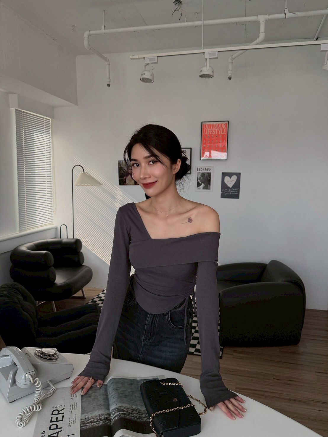 斜肩側綁帶長袖BRATOP