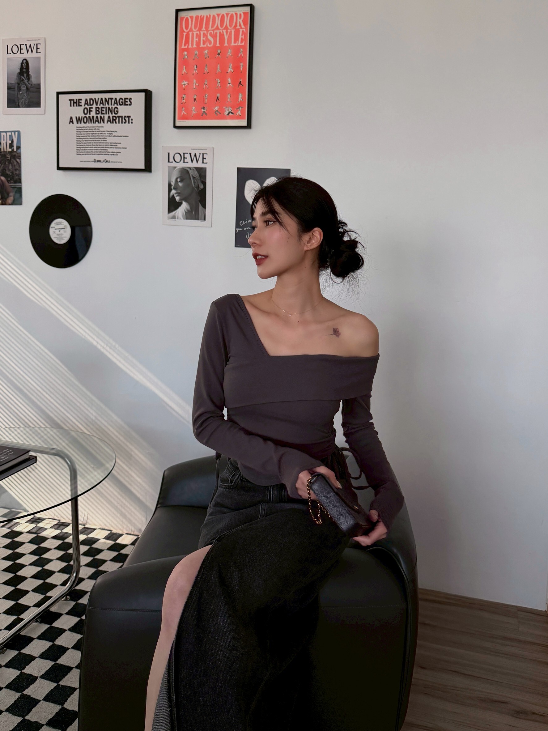 斜肩側綁帶長袖BRATOP