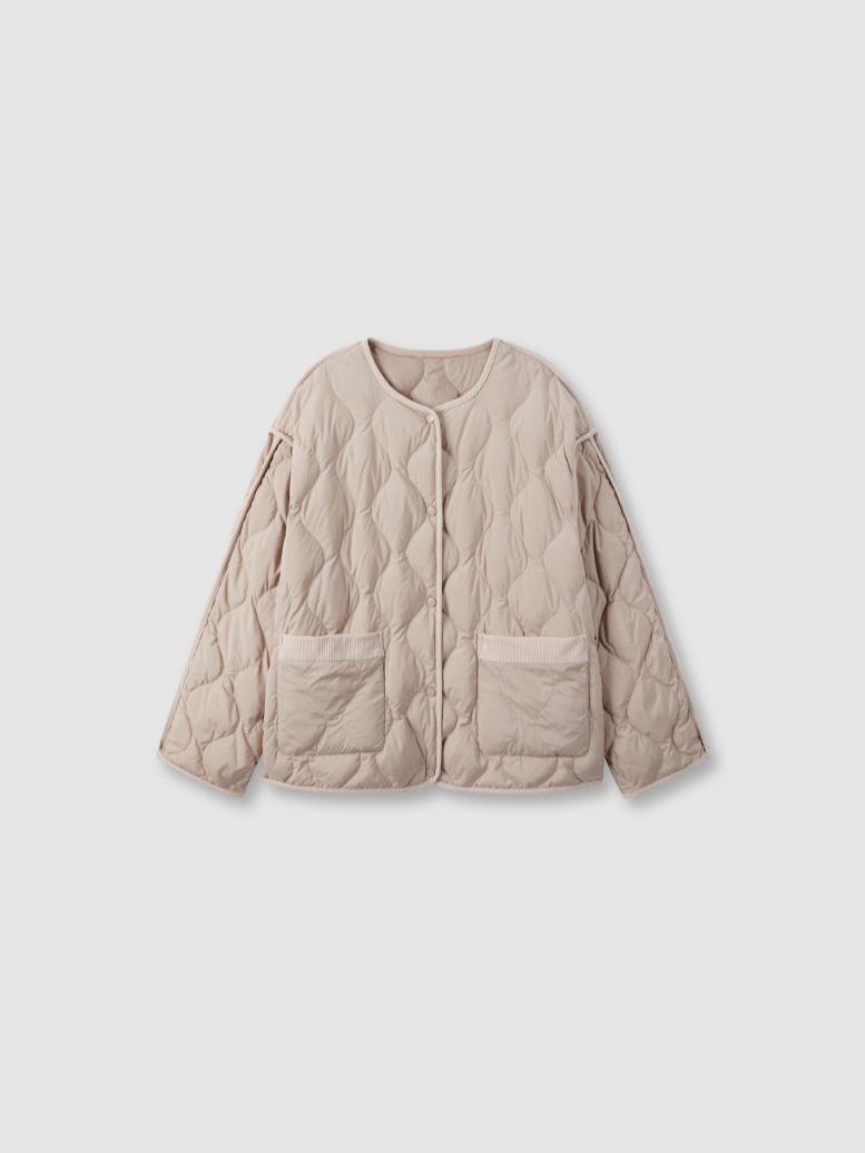 女裝|撞色設計波浪絎線羽絨服簡約輕薄-卡其色