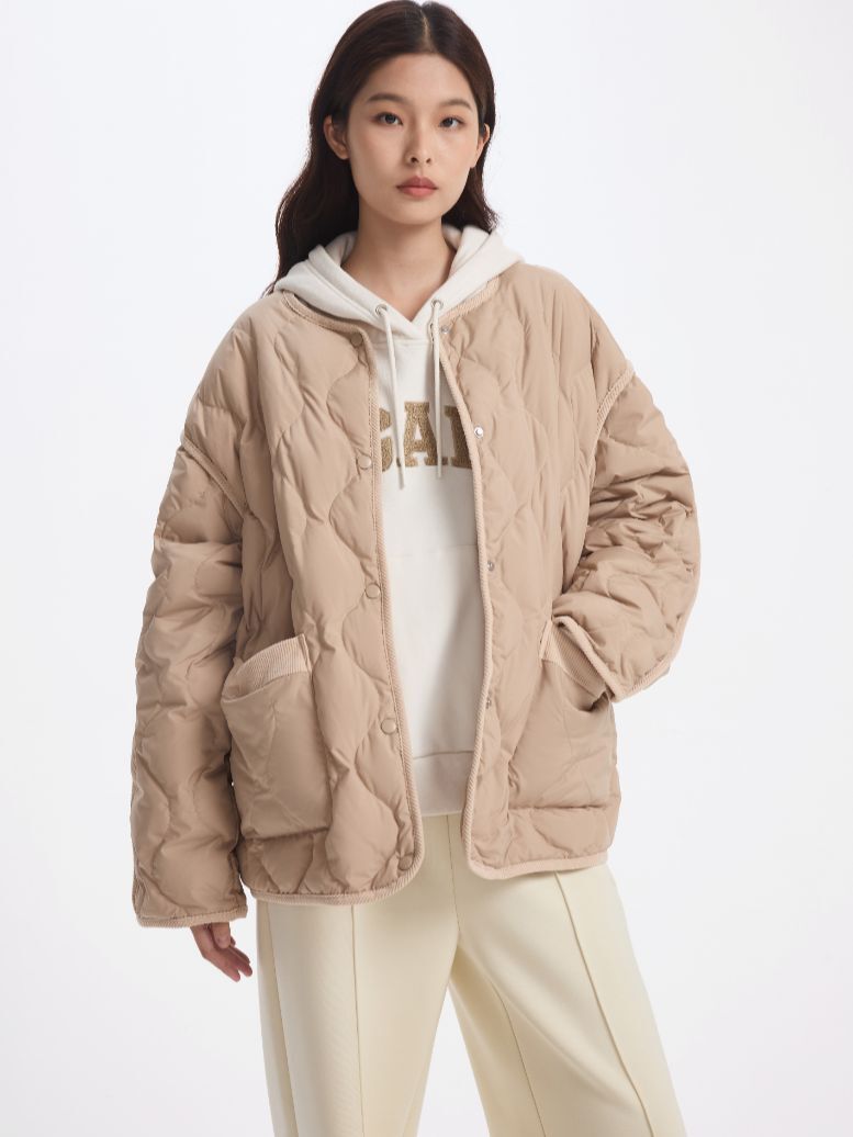 女裝|撞色設計波浪絎線羽絨服簡約輕薄-卡其色