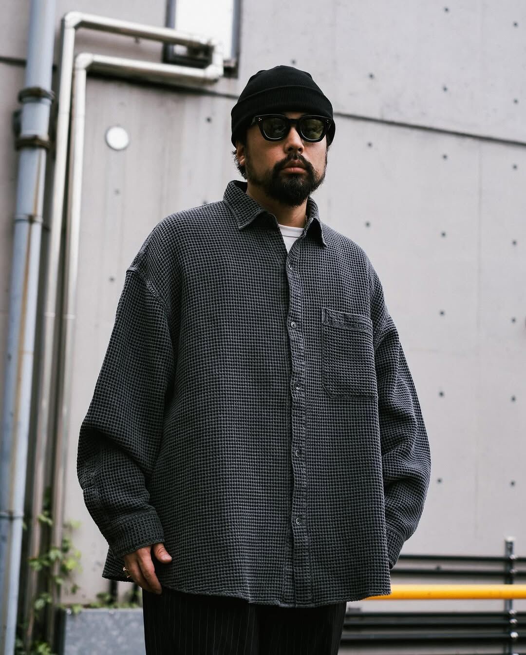 COOTIE PRODUCTIONS - Pigment Dyed Waffle L/S Shirt / BL
