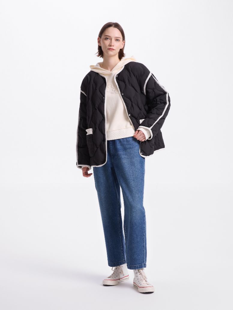 女裝|撞色設計波浪絎線羽絨服簡約輕薄-黑色