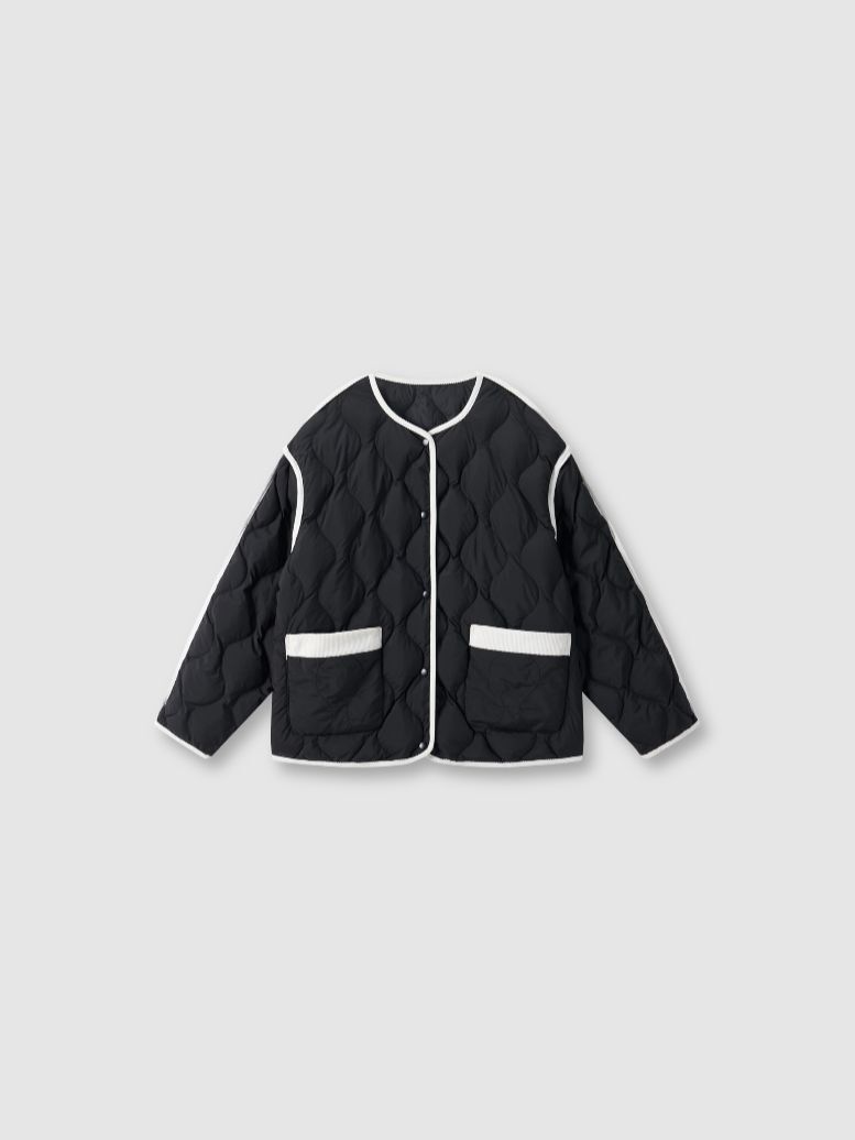 女裝|撞色設計波浪絎線羽絨服簡約輕薄-黑色