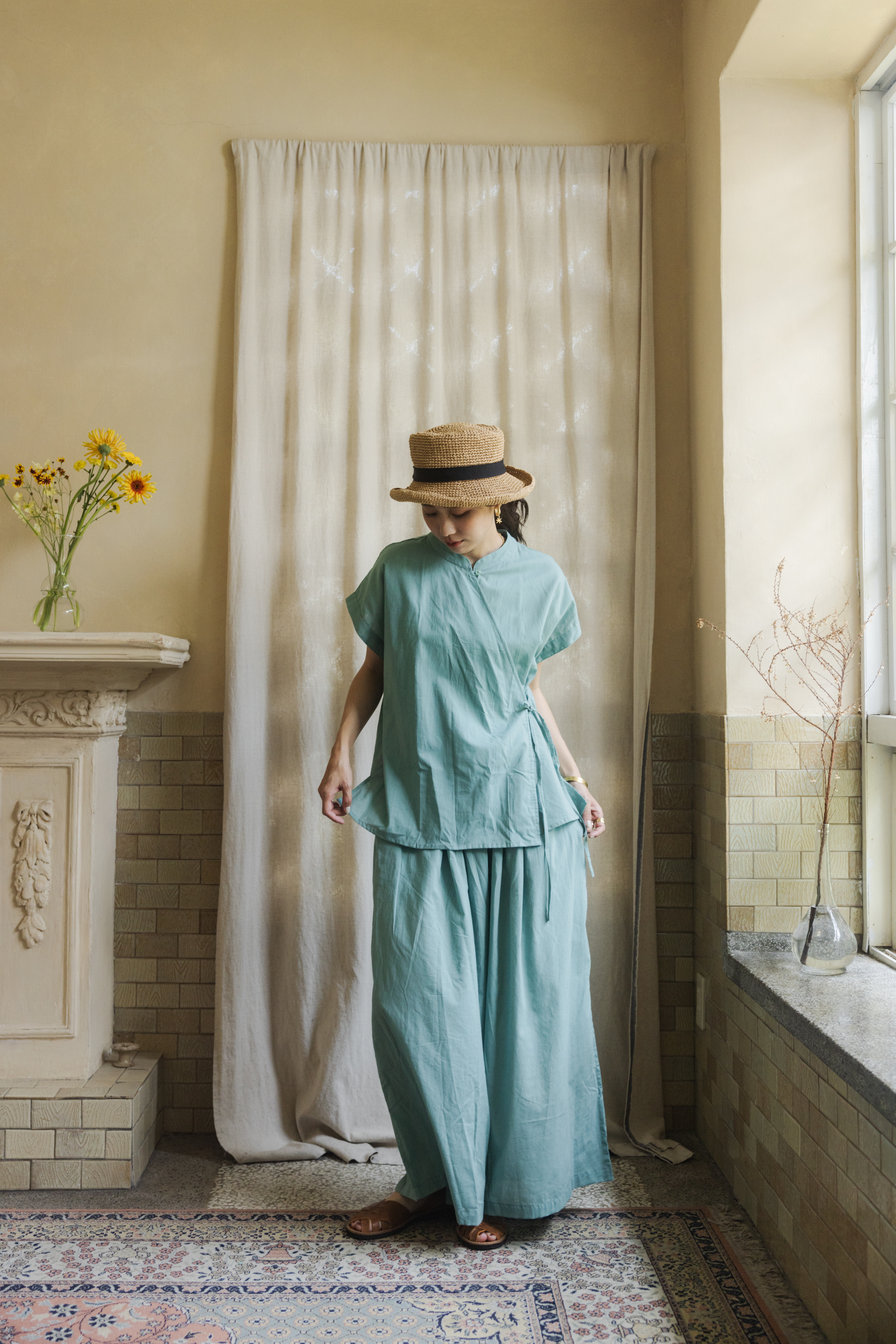 短袖開襟上衣_湖水綠