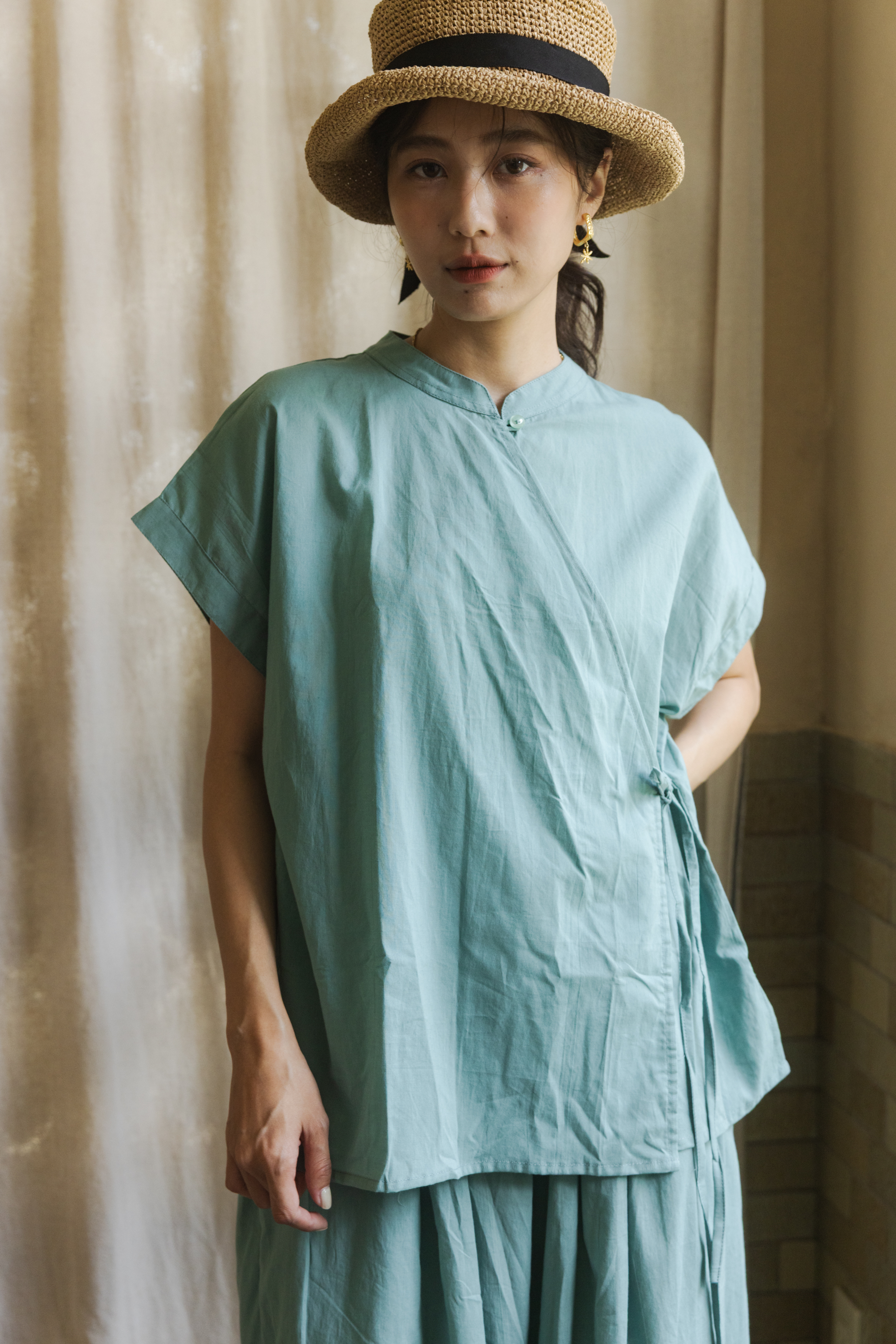 短袖開襟上衣_湖水綠