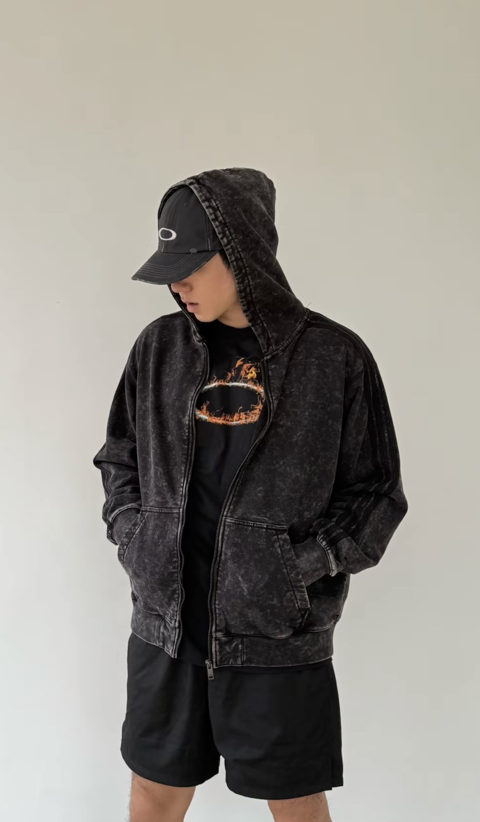 adidas originals WASHED 水洗系列 休閒簡約寬鬆連帽夾克 男款 黑色 KA2315-服