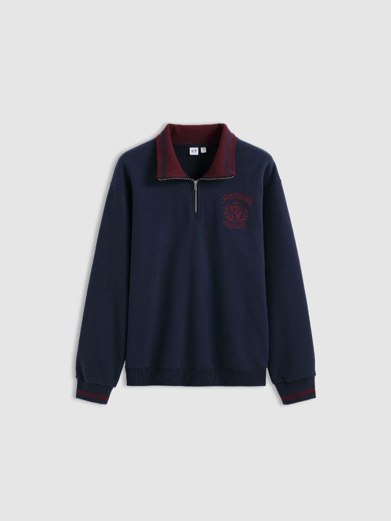 男裝|Logo刺繡刷毛翻領長袖上衣-海軍藍