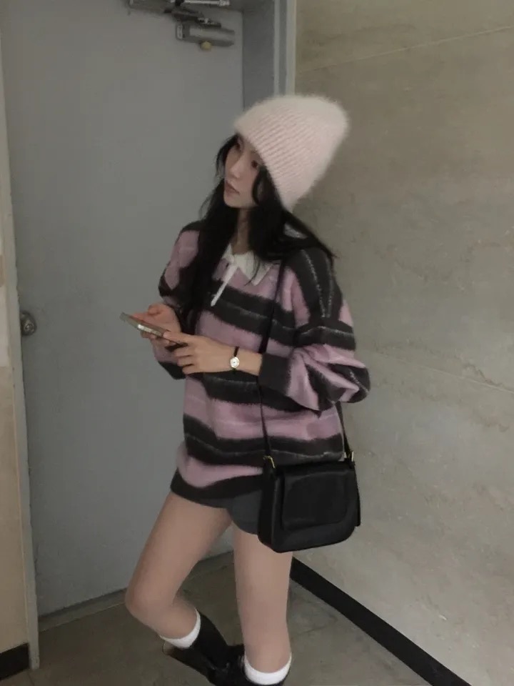 【優惠價預訂】韓國馬海毛對比色間條翻領鈕扣冷衫（4色）