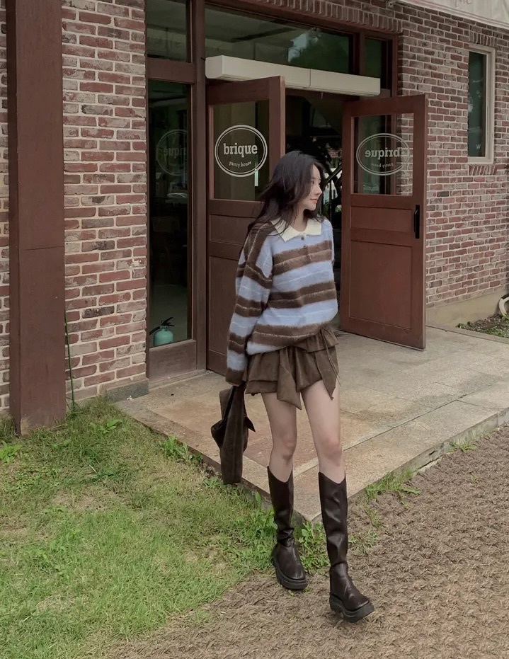 【優惠價預訂】韓國馬海毛對比色間條翻領鈕扣冷衫（4色）