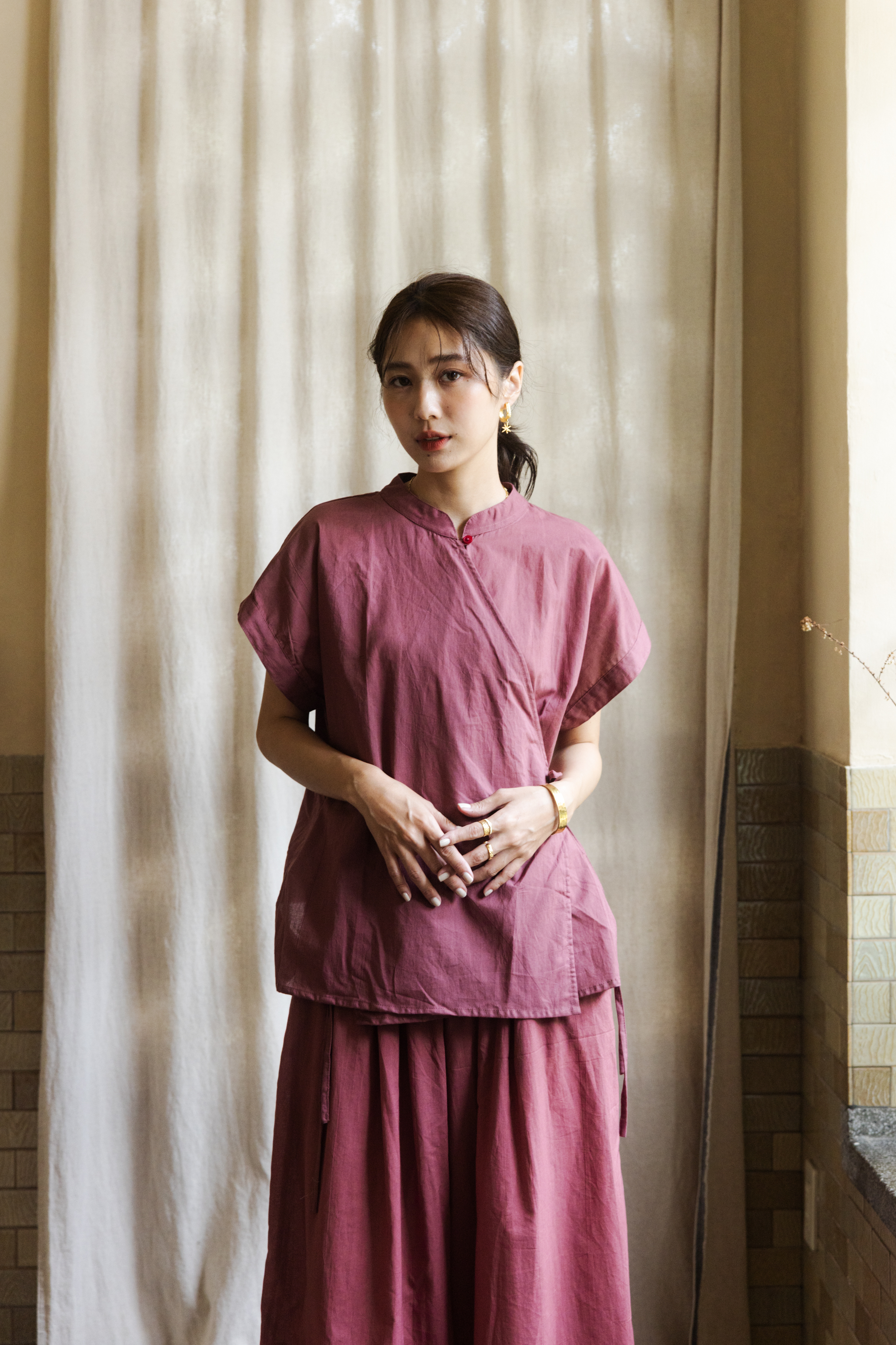 短袖開襟上衣_豆沙粉