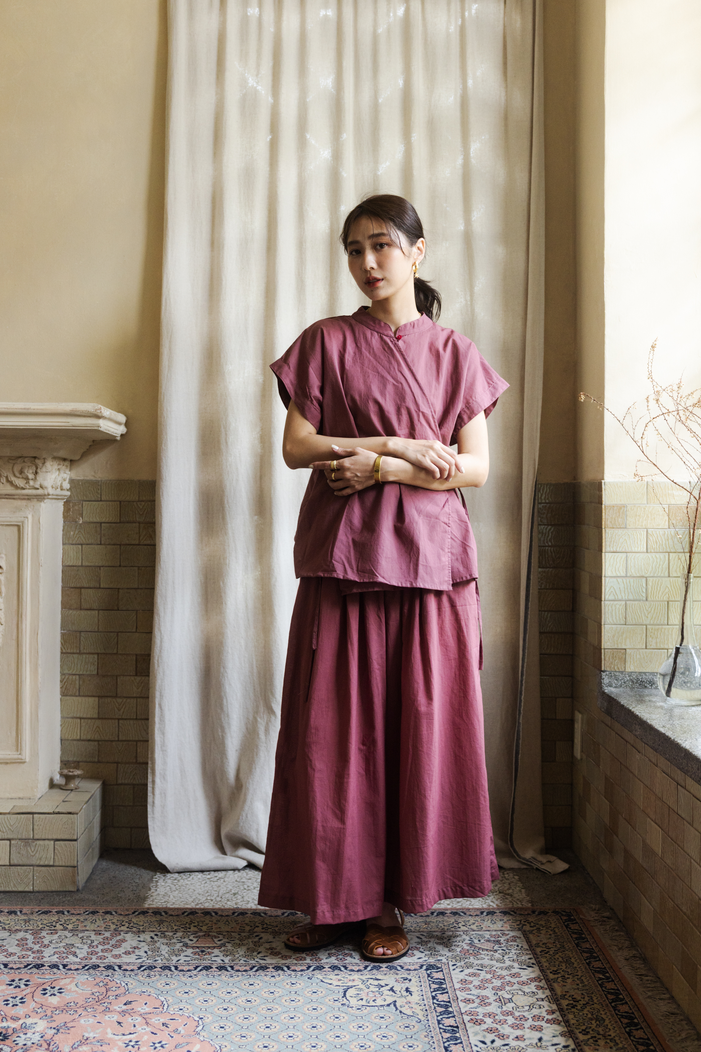 短袖開襟上衣_豆沙粉