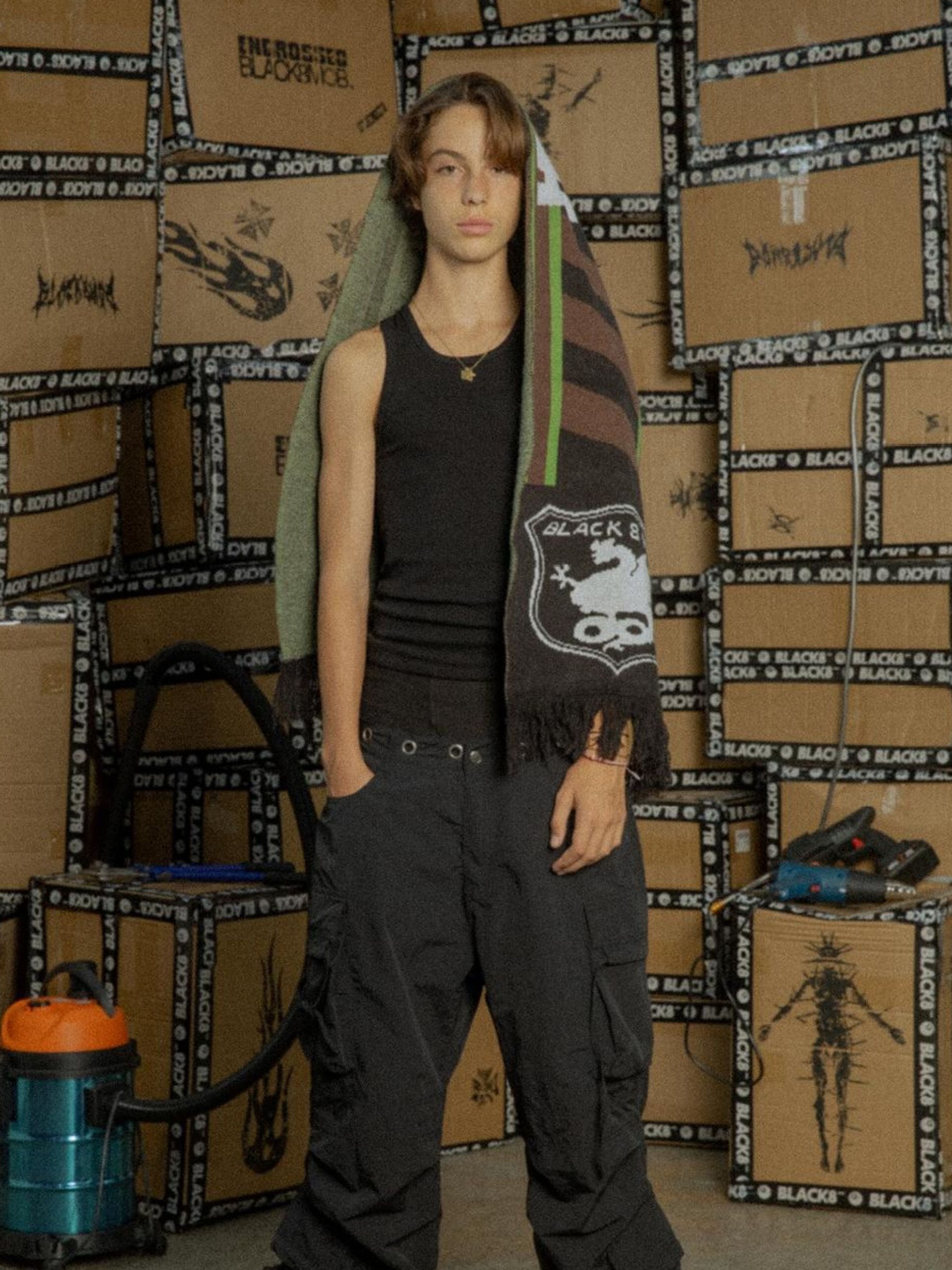 BLACK8MOB 褲頭開孔 綁帶寬鬆 工裝長褲