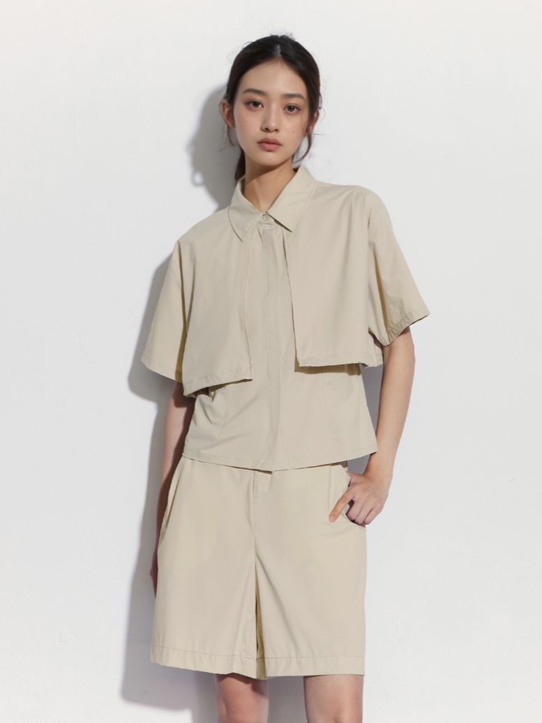 女裝|拼接翻領短袖襯衫-淺卡其