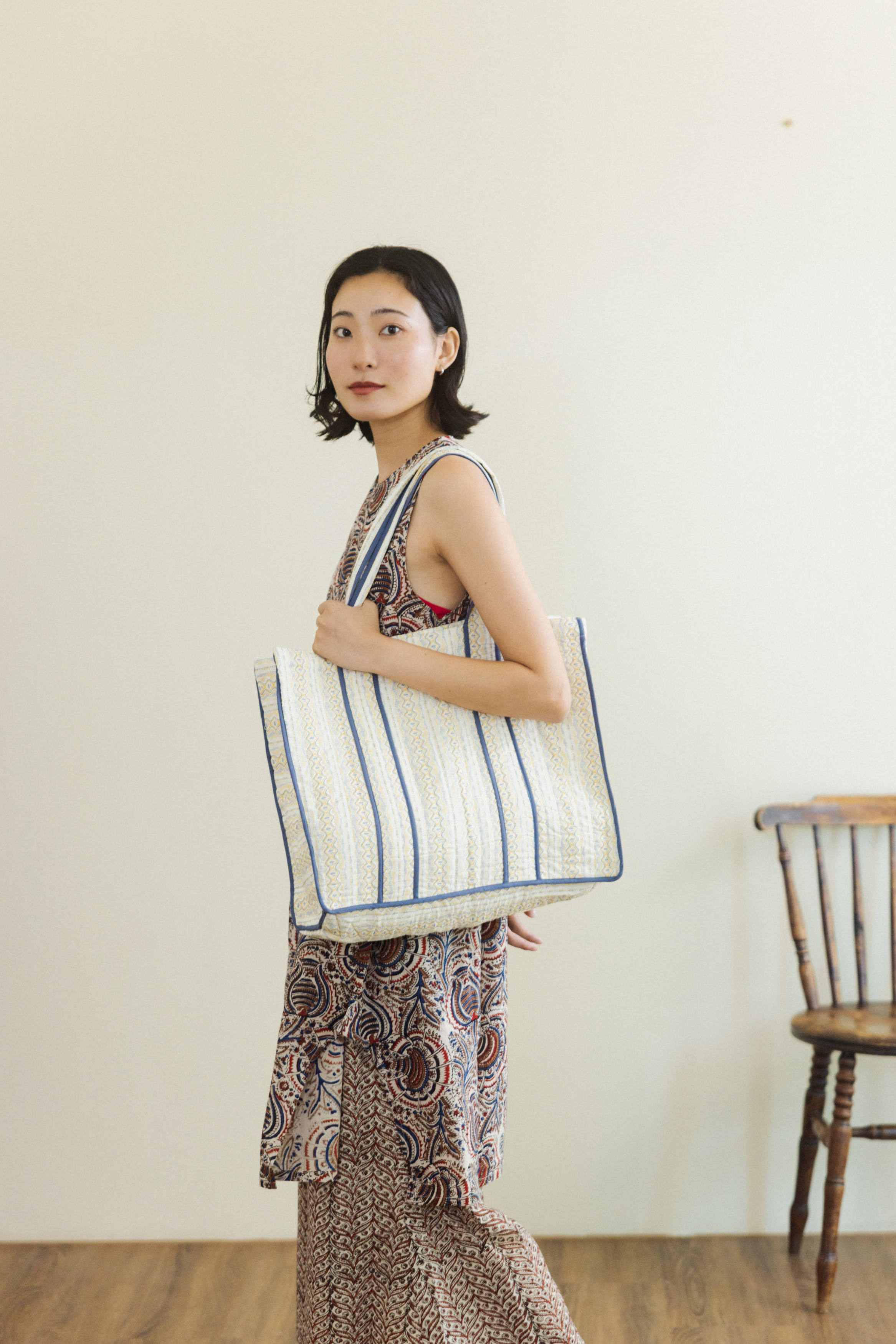 印度棉托特包_白（藍邊）