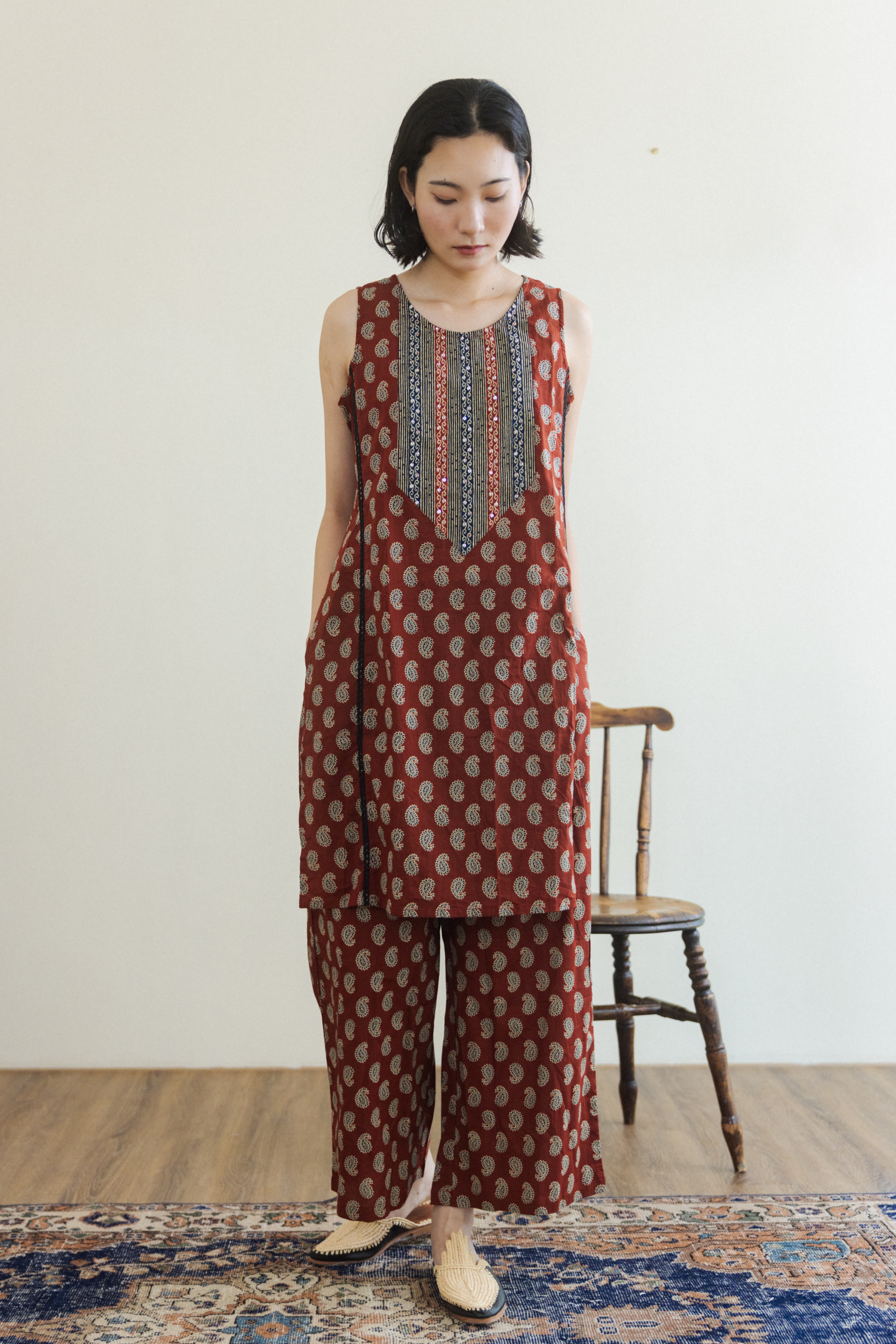 套裝_無袖後綁帶庫塔/寬褲_紅