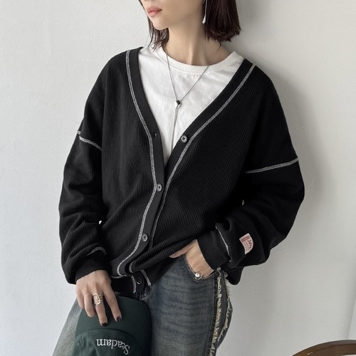 日本JAVA 華夫格針織外套 V領鈕扣 落肩 標籤 長袖 保暖