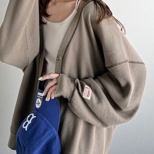 日本JAVA 華夫格針織外套 V領鈕扣 落肩 標籤 長袖 保暖