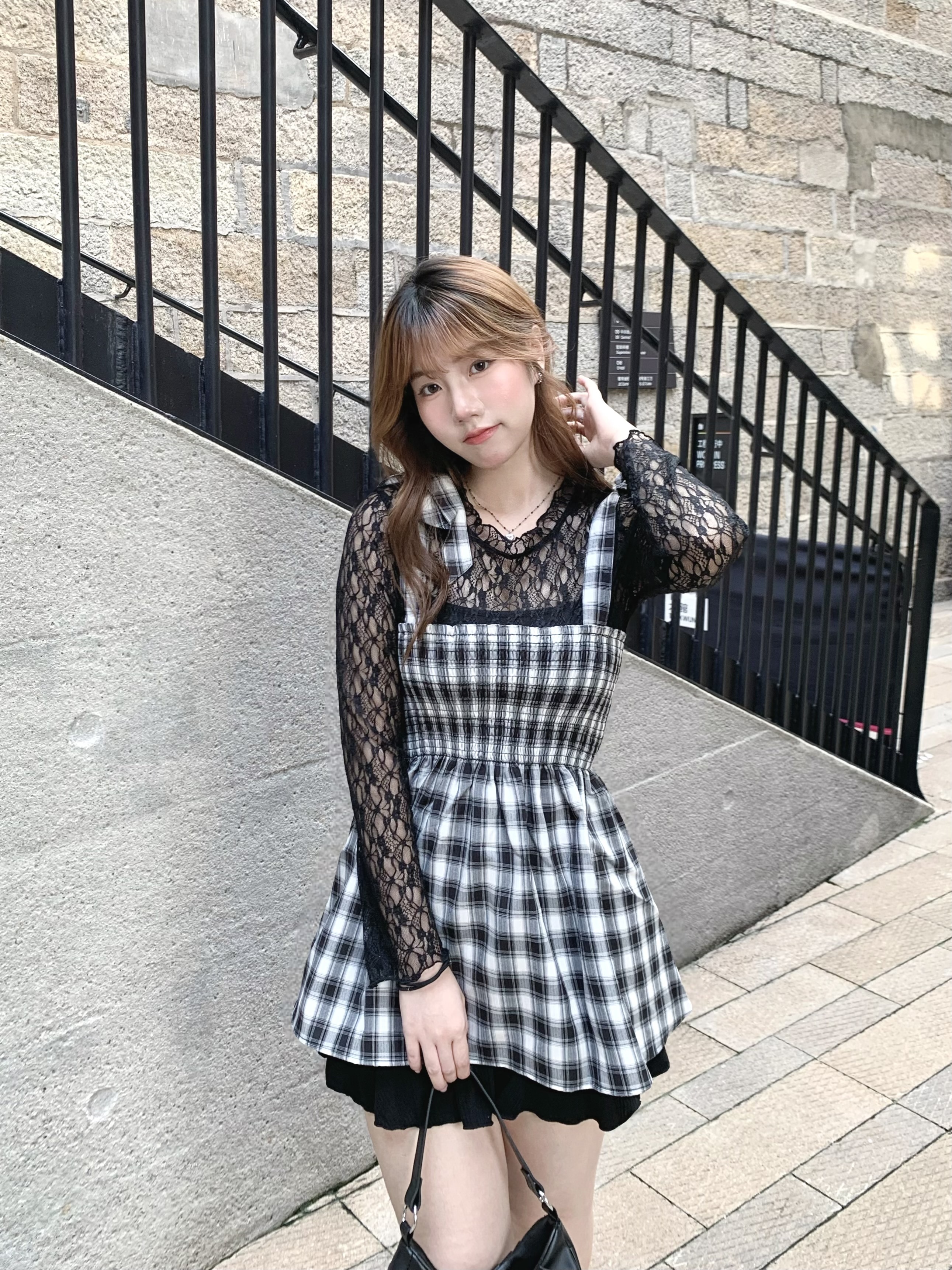 JP1063｜日本直送！格紋束腰感綁帶蝴蝶結吊帶外搭