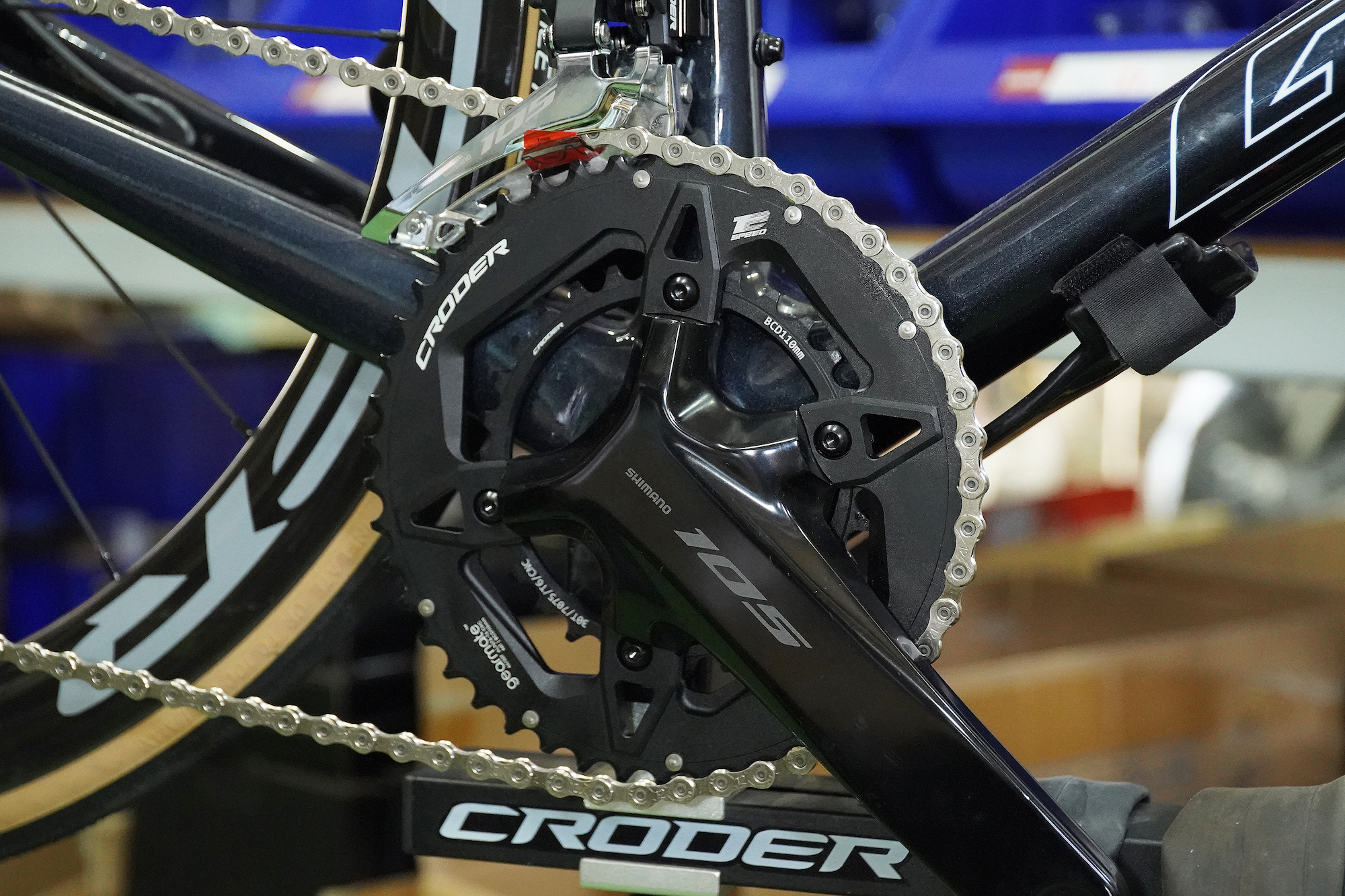 Bicycle crankset on a workbench
