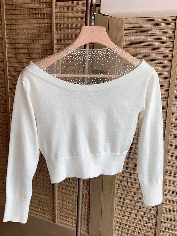 燙鑽網紗拼接針織上衣