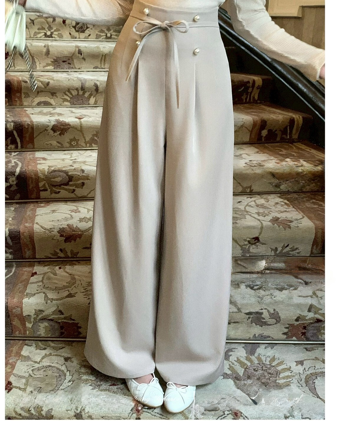 設計師家高腰百搭四釦蝴蝶結寬褲