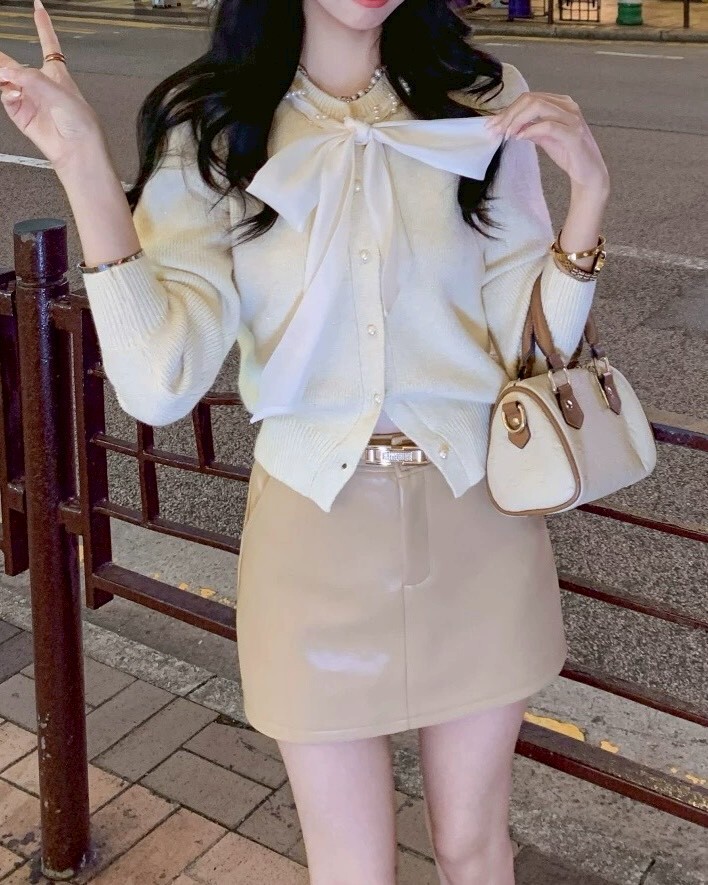 設計師家卡其人造皮革A字裙