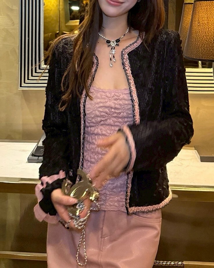 設計師家復古蕾絲鏤空邊條毛線感香風外套