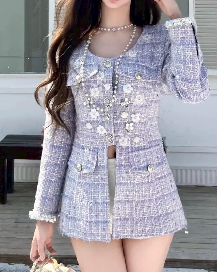 設計師家重工立體花多下開衩香風外套上衣