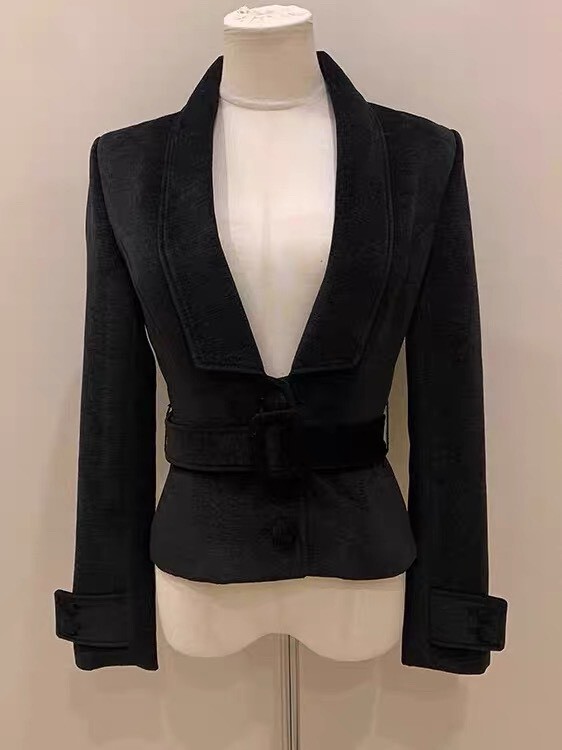 設計師家光澤絲絨質感深V腰帶外套