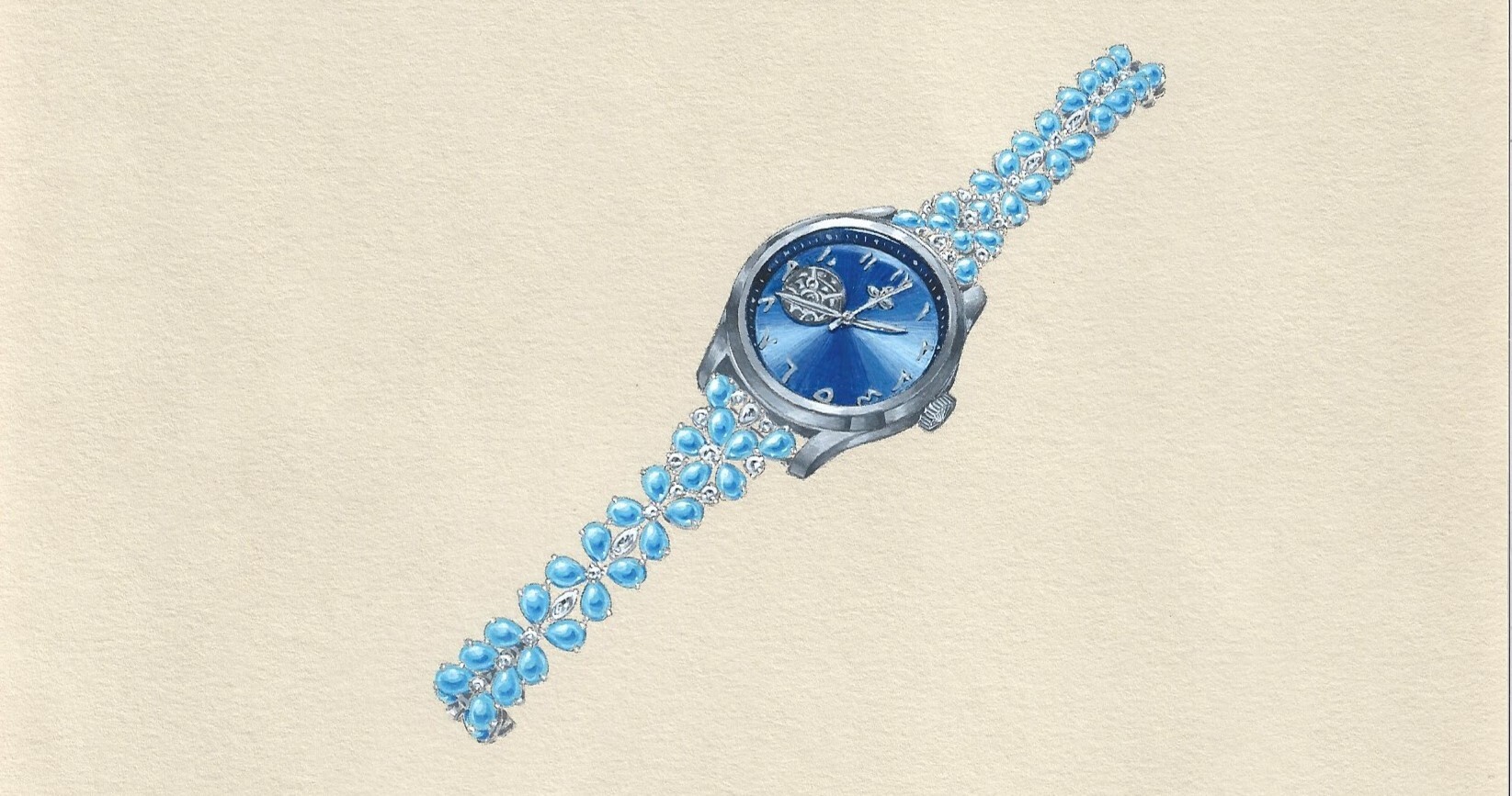 Hand-drawn sketch of a custom watch with blue turquoise bracelet.